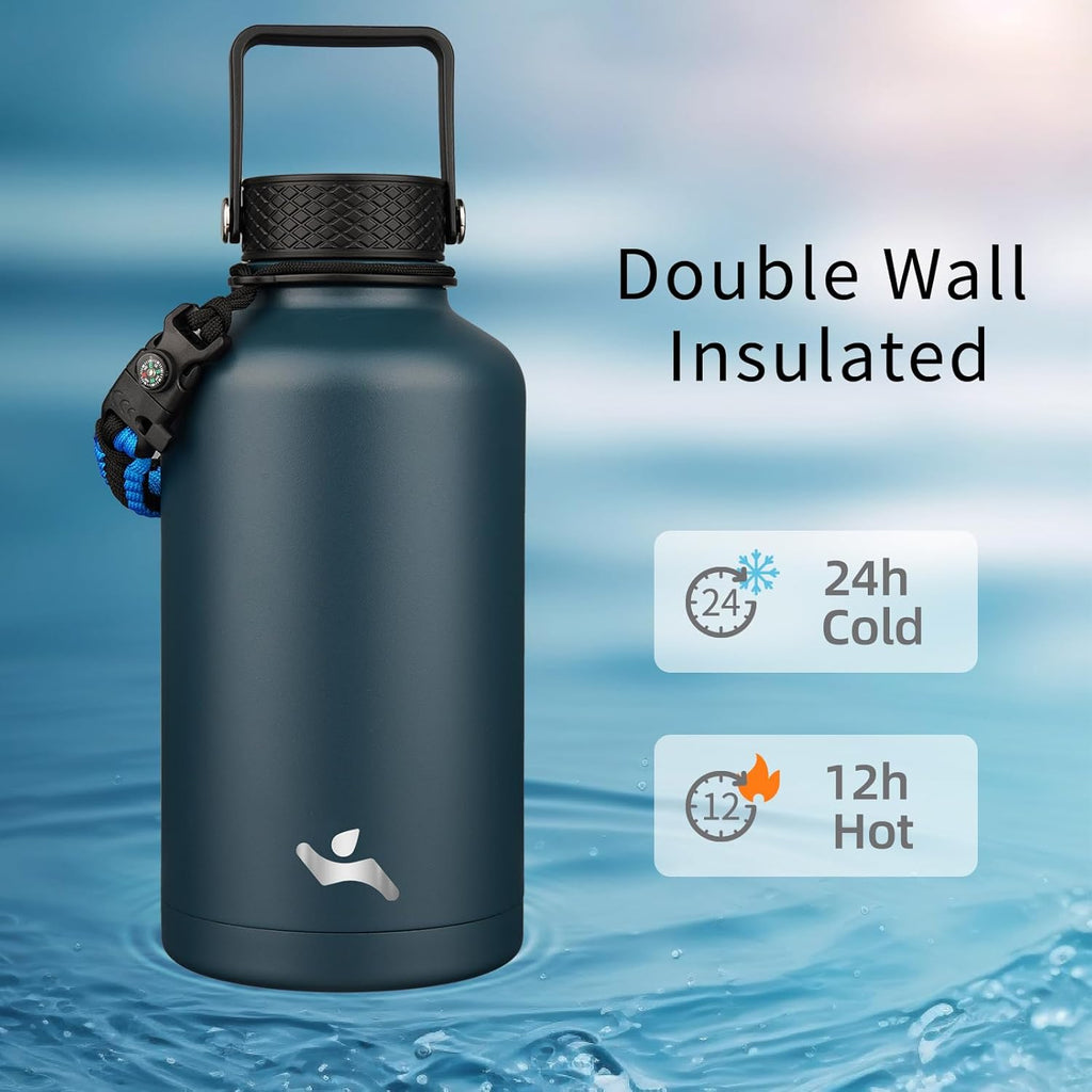 Half Gallon Insulated Water Bottle with Straw,64 oz 3 Lids Water Jug with Carrying Bag,Paracord Handle,Double Wall Vacuum Stainless Steel Metal Flask,Navy Blue