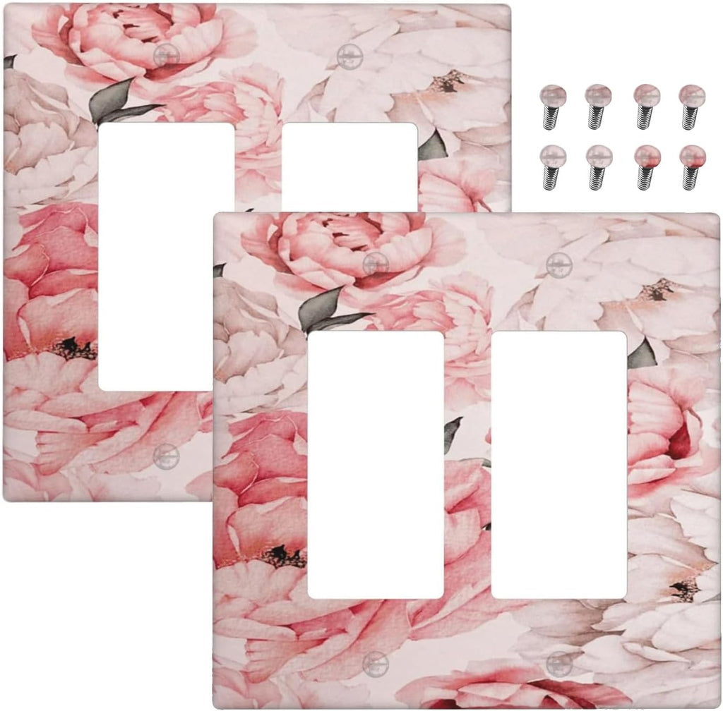 Decorative Outlet Covers Ink Pink Peony Flower Rustic Floral 2 Gang Light Switch Cover Plate Double Rocker Wall Plate Switch Plate Covers Faceplate for Home Bedroom Decor （2 Pack）