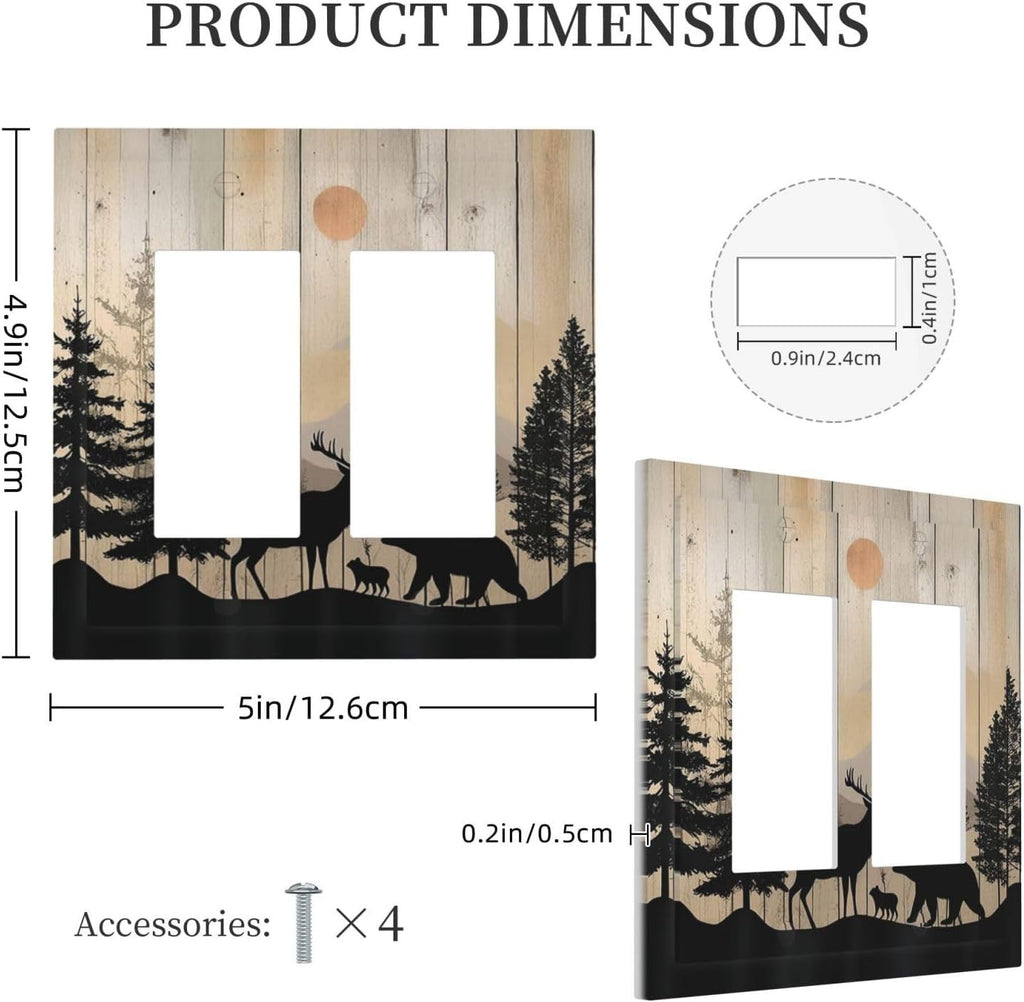 Decorative Outlet Covers Wood Board Wildlife Cute Bear Deer Forest Rustic 2 Gang Double GFCI Rocker Electrical Wall Panels Light Switch Cover Plate for Bathroom Farmhouse Decor