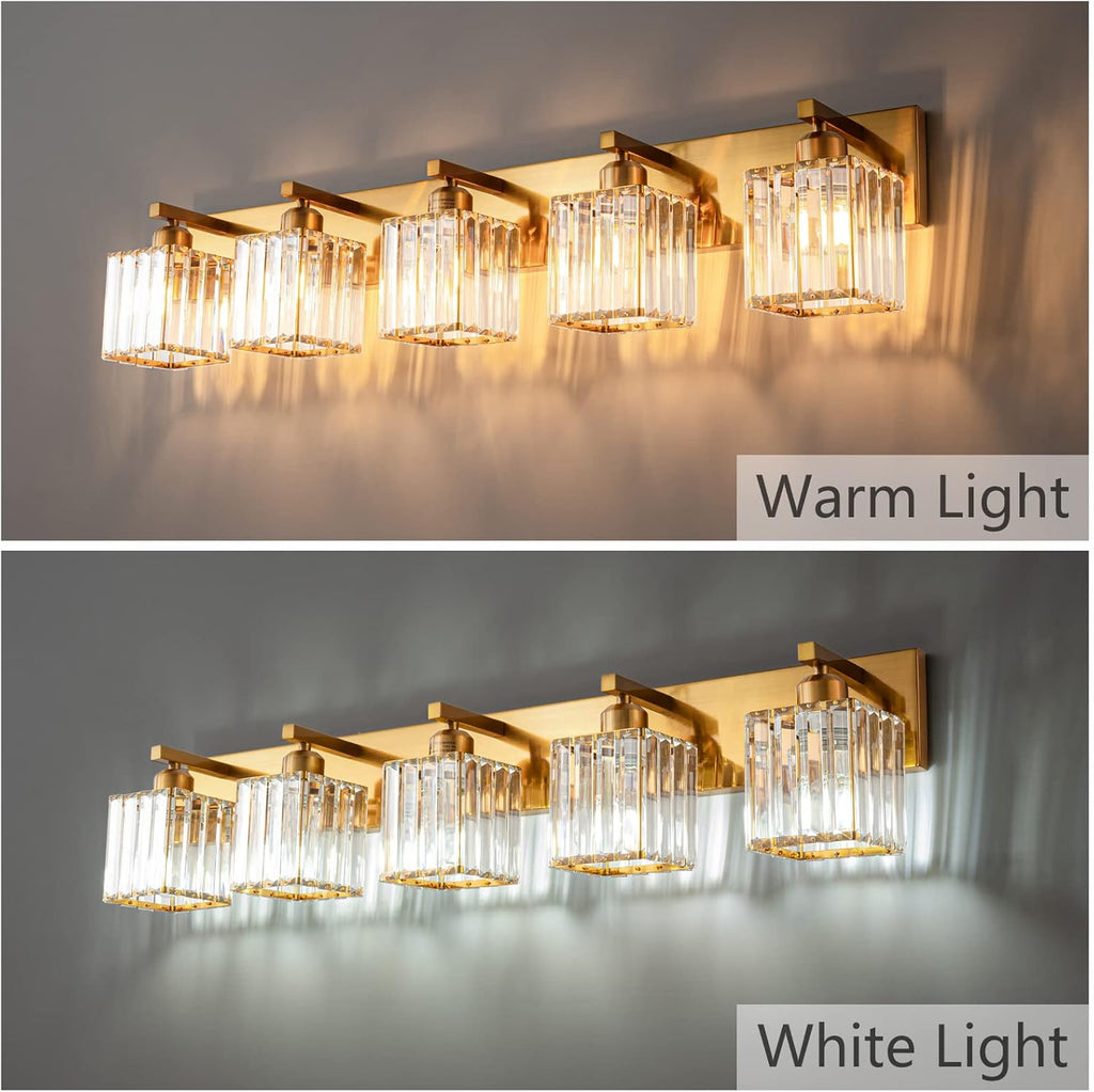 Modern 5-Light Gold Brushed Brass Finish Crystal Wall Light for Bathroom Vanity