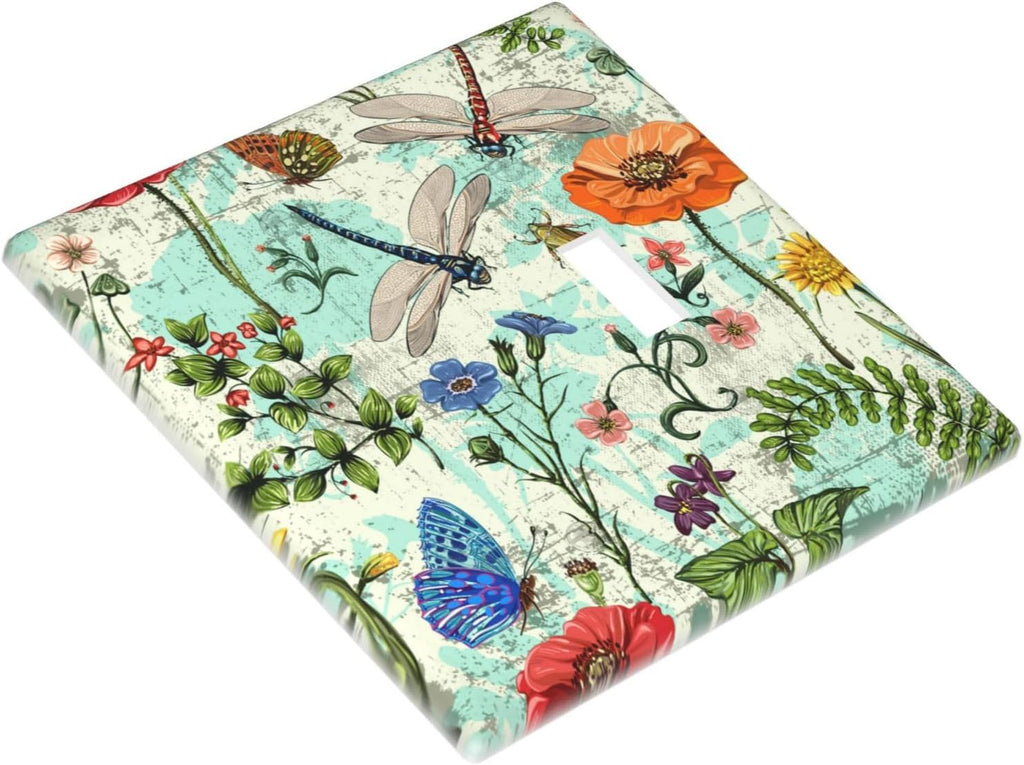 Dragonflies Flowers Butterfly 2 Gang 1 Toggle 1 Blank Outlet Light Switch Cover Decorative Wall Plate Cover For Home Living Bedroom Kitchen Decorative