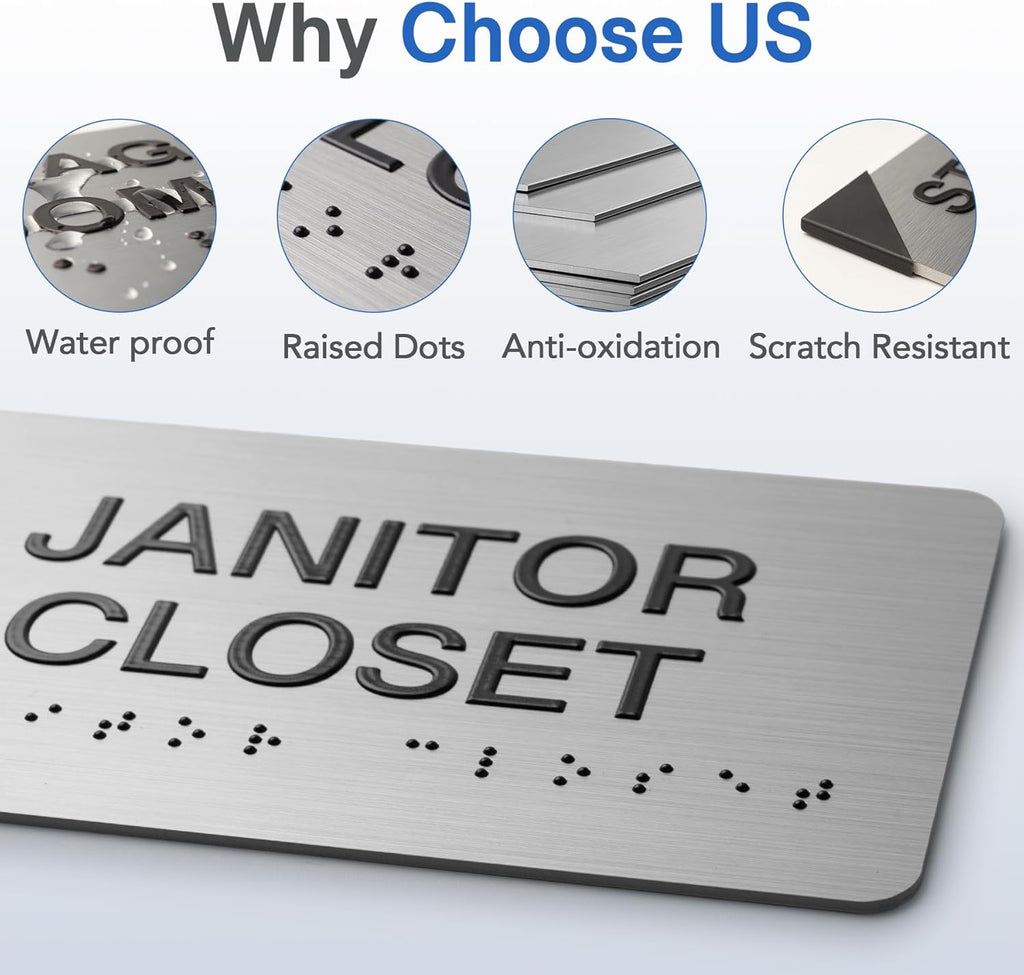 SUPPLY ROOM Signs with Raised Text & Grade 2 Braille, Brushed Aluminum/Silver Finish Easy Install with Double-Sided Tape, ADA Compliant Office Door Sign