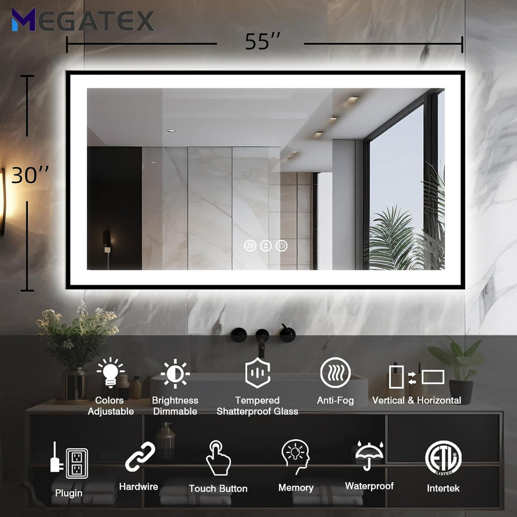 55x30 Light up Bathroom Mirror,LED Vanity Mirror,Black Framed,Backlit + Front Lit,3 Colors Dimmable,Anti-Fog,Shatter-Proof,Touch Control,Anti-Corrosion,Memory(Horizontal/Vertical)