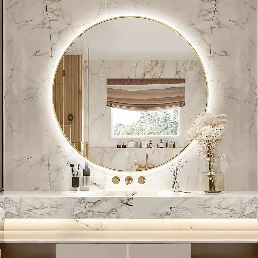 Niccy Round Led Mirror for Bathroom, 36" Backlit Mirrors for Wall Circle Lighted Mirror with Old Gold Frame Anti-Fog, 3 Colors, HD Glass and IP65 Waterproof