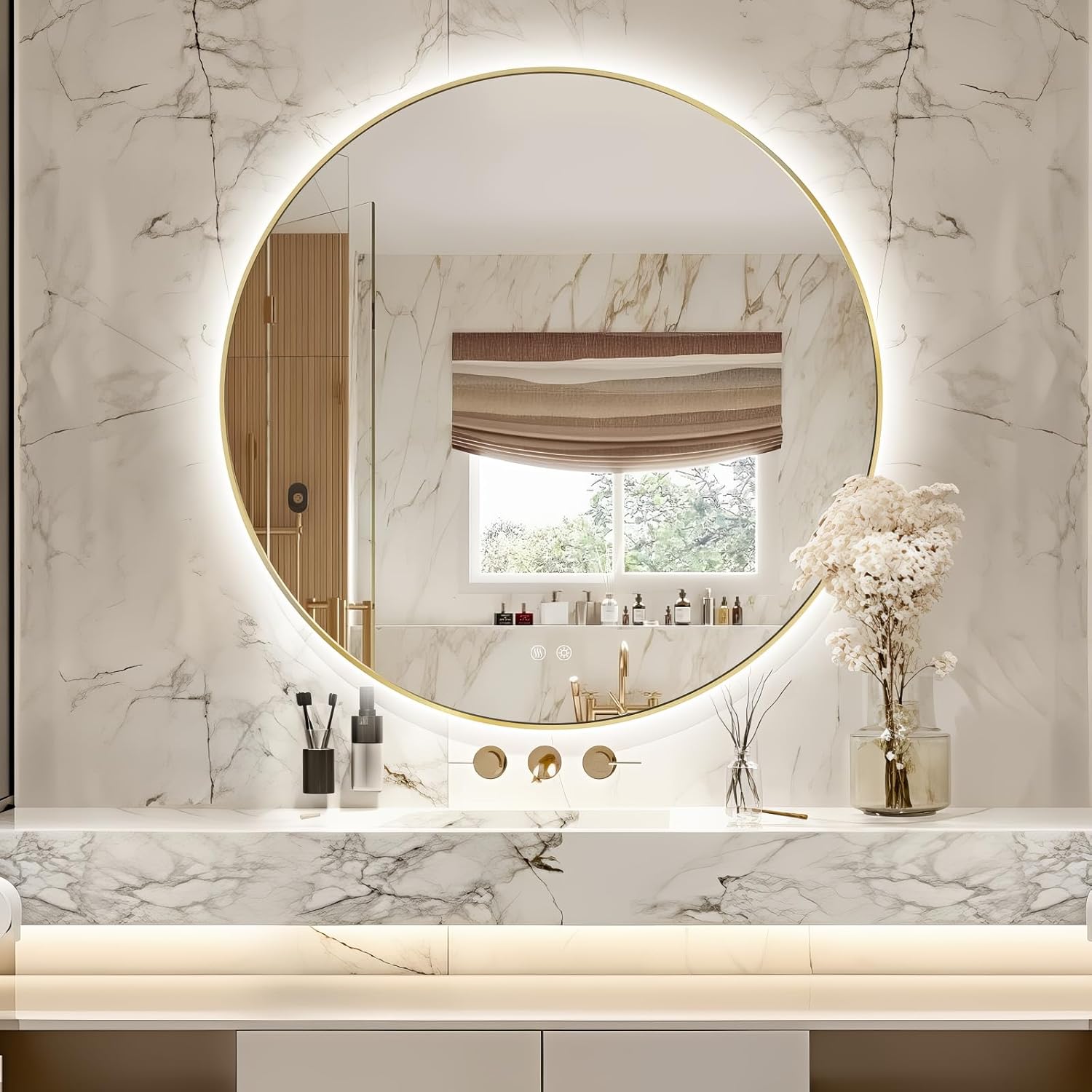 Niccy Round Led Mirror for Bathroom, 36" Backlit Mirrors for Wall Circle Lighted Mirror with Old Gold Frame Anti-Fog, 3 Colors, HD Glass and IP65 Waterproof