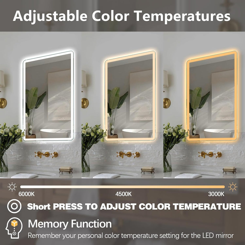 Niccy Led Mirror for Bathroom, 32"x20" Frameless Frontlit and Backlit Mirror for Wall Lighted Mirror with Bedroom 3 Color, Defogger, Explosion-Proof, HD Glass, IP65 Vanity Mirror Horizontal/Vertical