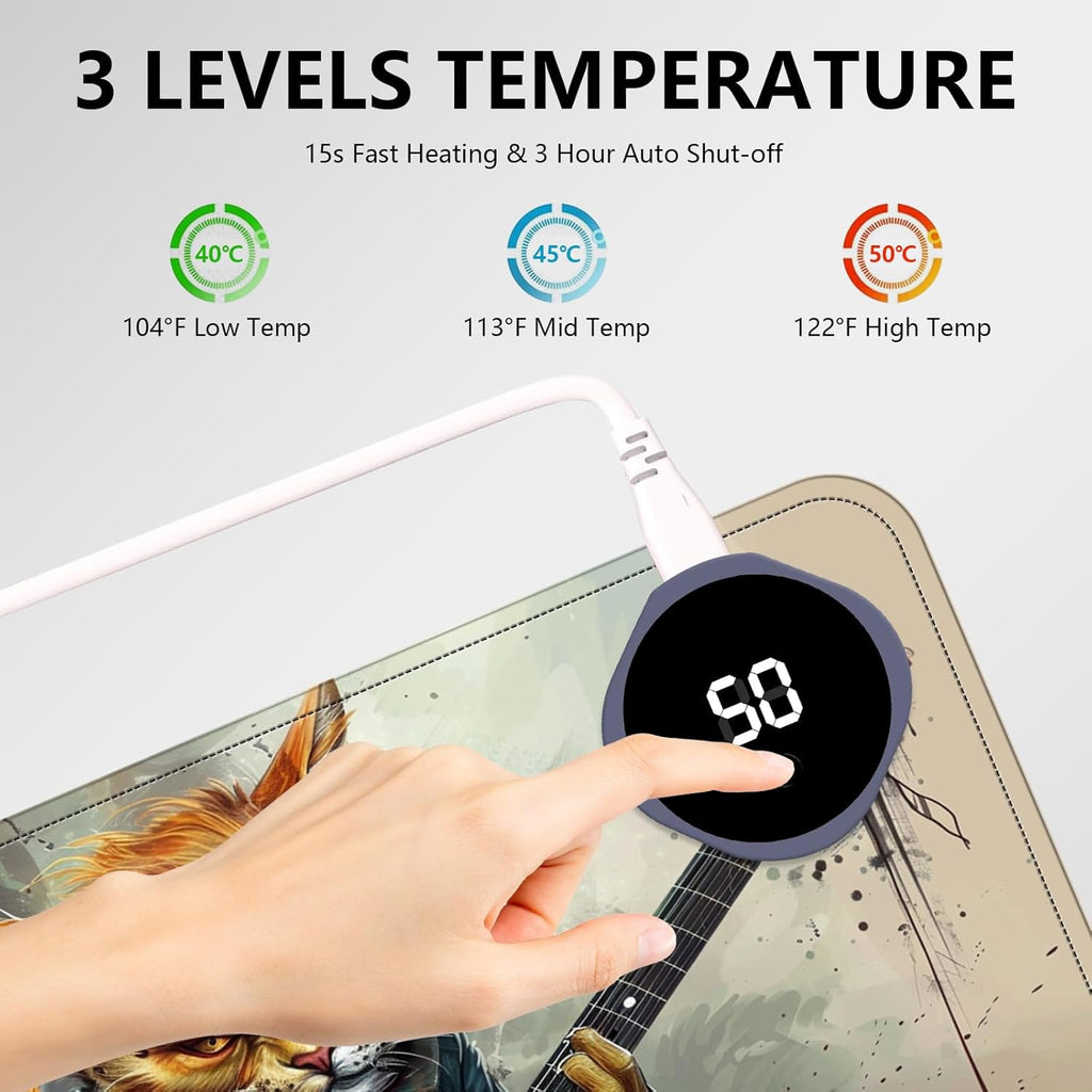Heated Mouse Pad with 3 Levels Heated & 3 Hours Auto Shut-Off Mouse Pad for Warming Hands in Office Home, 23.6" x 14.2"Large Safe Desk Mat Hand Warmer，Cat Playing Guitar