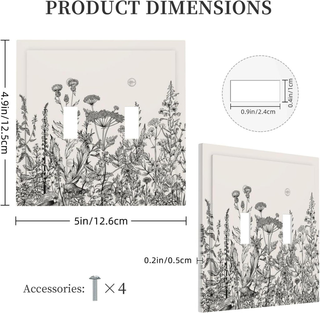 Personalized Wall Plate Decorative Light Switch Cover Black and Beige Garden Plants Flowers Double Toggle Switchplate 2 Gang Switchcovers Decora Light Switch Plate for Home Office Decor