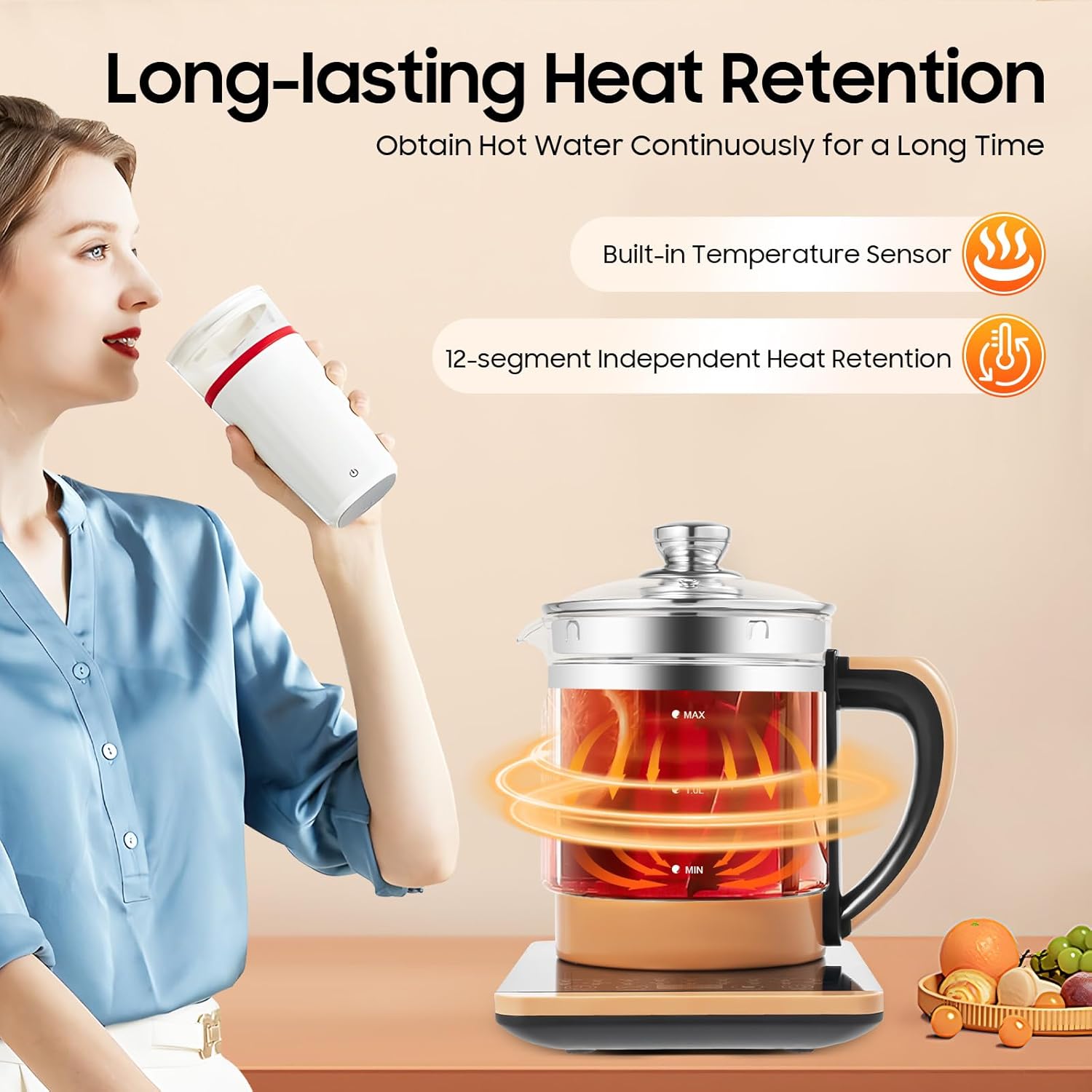 Electric Glass Kettle Kit, 1.8L Glass Hot Boiler With Digital Base, 800W Temperature Control Electric Kettle with Steamed Eggs Holder Hfor Boiling Water, Tea, Coffee