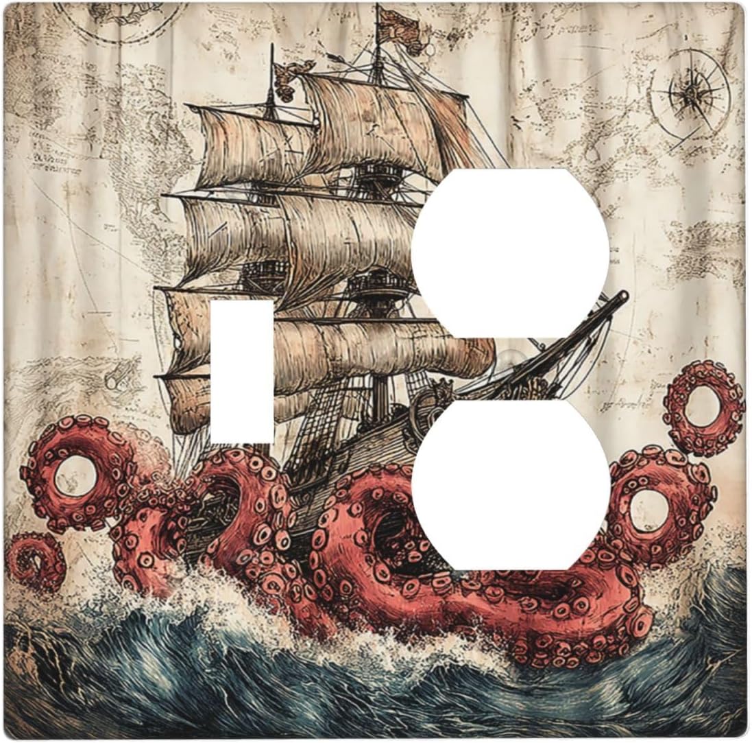 Wallplates Vintage Octopus Ocean Sailboat Bizarre Adventure 1 Toggle 1 Duplex Switch Plate Electrical GFCI Faceplate Decorative Light Switch Covers for Bathroom Kids room Decor