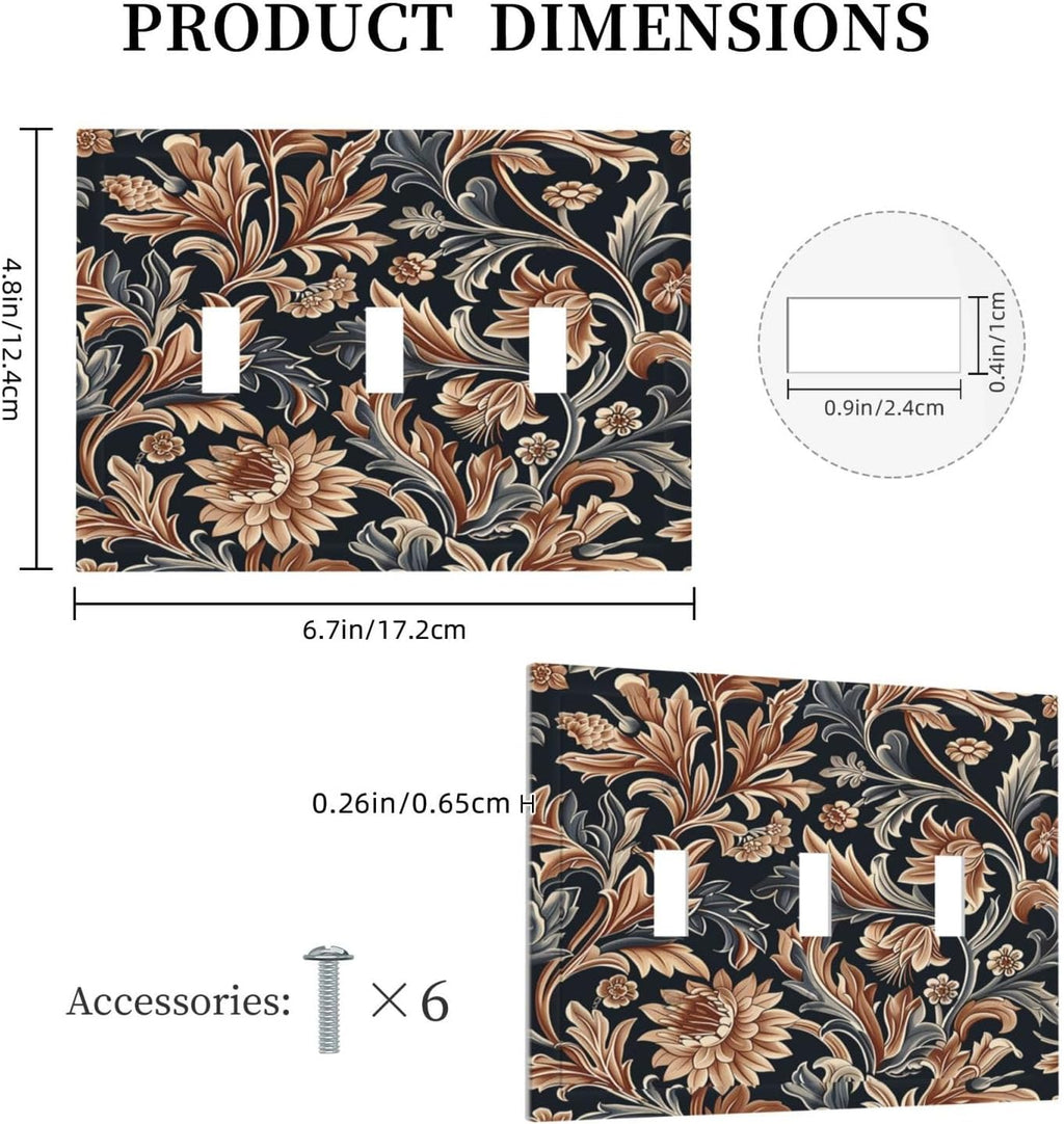 Decorative Switch Plates Vintage Grey Plant Leaves Brown Flowers 3 Gang Wall Plate Triple Toggle Light Switch Cover Faceplate Electrical Wall Panels for Bedroom Home Decor