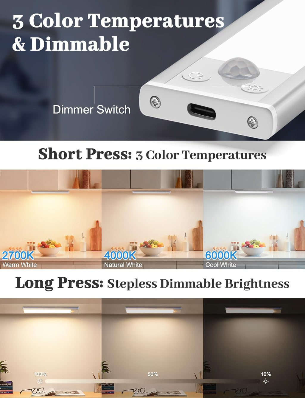 12in Under Cabinet Lighting with Charging Station, 2500mAh Rechargeable Wireless Motion Sensor Lights Indoor,Closet Lights with 3 Color Tempers, Battery Operated Cabinet Lights for Kitchen, 3-Pack