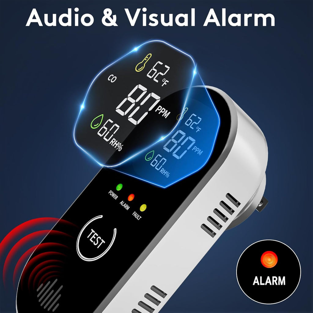 3-in-1 Carbon Monoxide Detectors with Temp & Humid, Plug in, 85dB Audible & Visual CO Alarm, LCD Digital Display, Easy to Install,Test Button, Portable for Bedroom/Office/Camper, Gives Peace of Mind