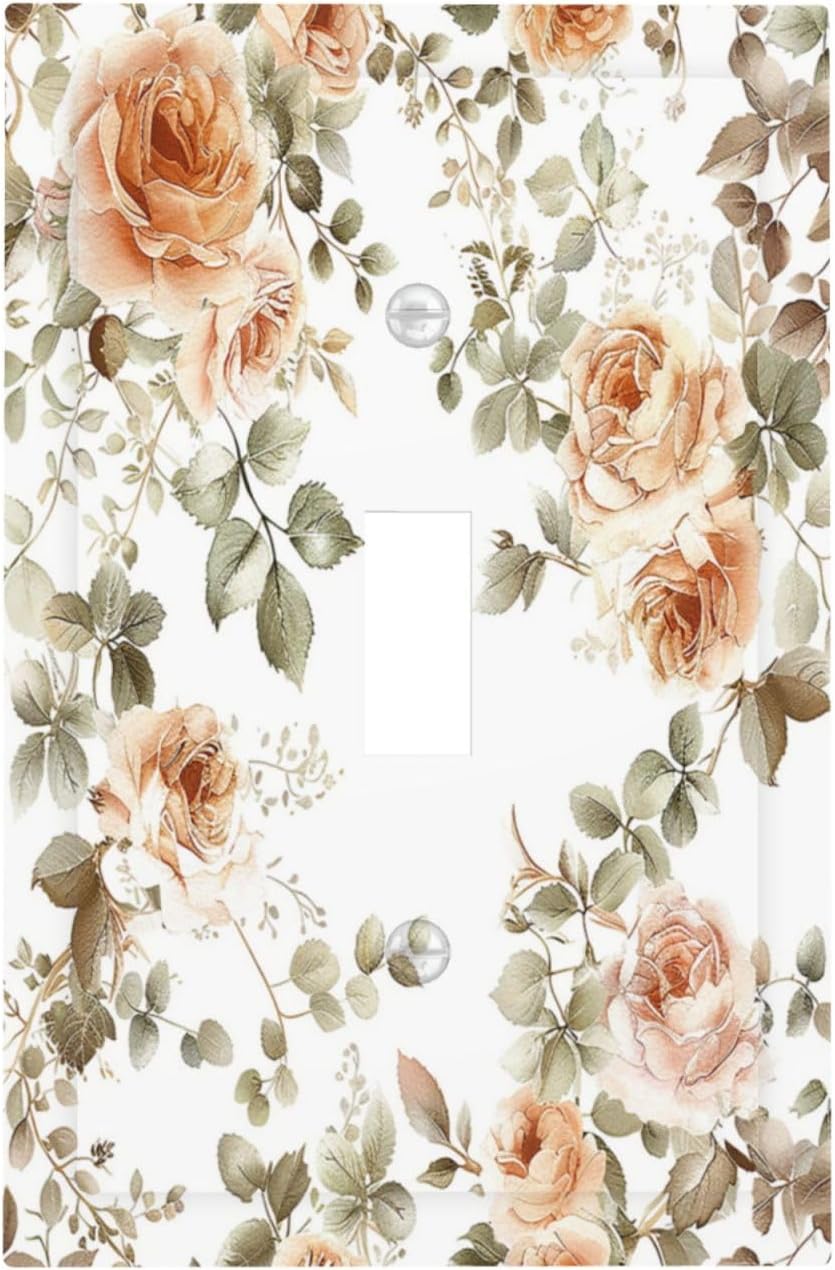Decorative Light Switch Cover Vintage Warm Color Orange Flowers And Leaves 1 Gang Single Toggle Device Electrical Faceplate Switchplates Decorator Outlet Wall Plate for Bedroom living Room