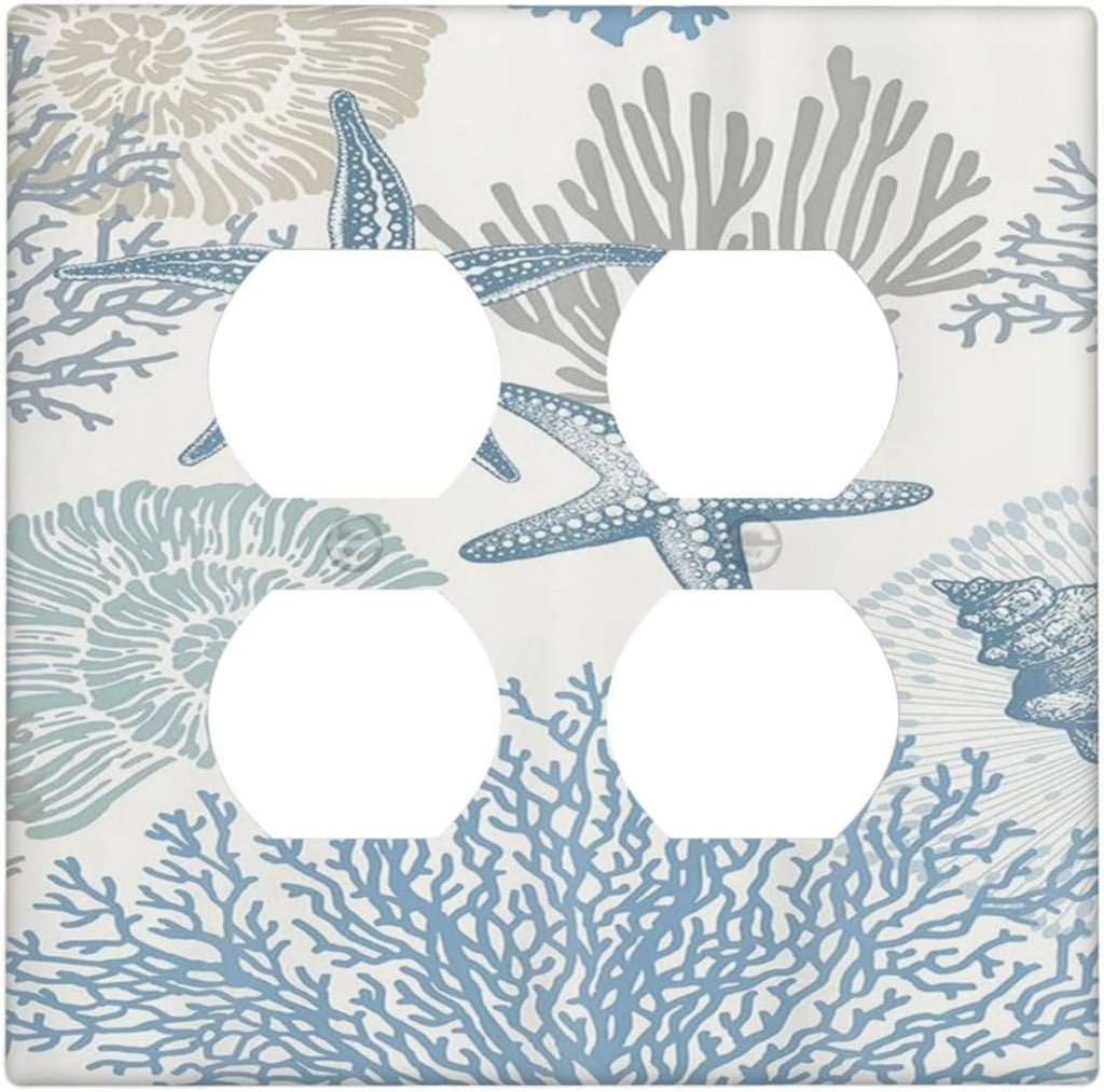 Decorative Outlet Covers Blue Starfish Coral Seaweed 2 Gang Wall Plate Double Duplex Light Switch Cover Switch Plate Covers for Bathroom Bedroom Home Decor