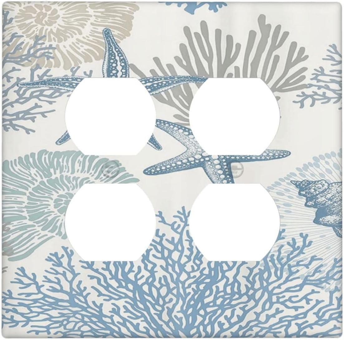Decorative Outlet Covers Blue Starfish Coral Seaweed 2 Gang Wall Plate Double Duplex Light Switch Cover Switch Plate Covers for Bathroom Bedroom Home Decor