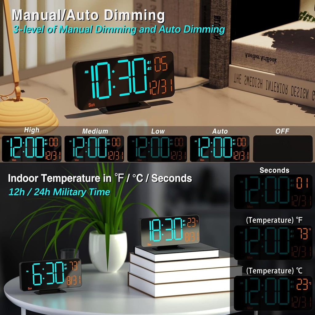 KOSUMOSU Alarm Clocks for Bedrooms, 6.7" Black Small Digital Clock LED, Desk Alarm Clock with Auto Dimming,Seconds, Day of Week, Indoor Temperature,Clocks for Living Room