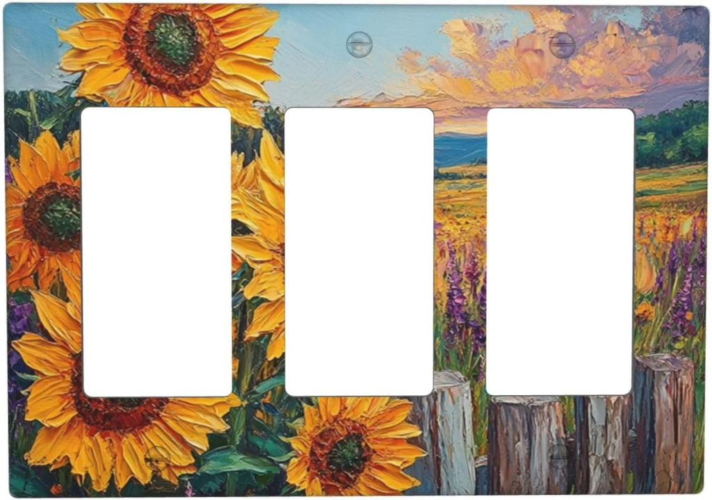 Decorative Outlet Covers Rustic Wilderness Sunflower Lavender Muzha Oil Painting 3 Gang Wall Plate Triple Rocker Light Switch Cover Plate Jumbo Electrical GFCI Faceplate