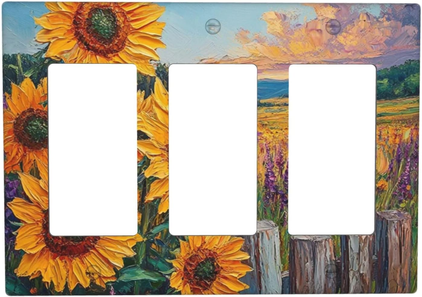 Decorative Outlet Covers Rustic Wilderness Sunflower Lavender Muzha Oil Painting 3 Gang Wall Plate Triple Rocker Light Switch Cover Plate Jumbo Electrical GFCI Faceplate
