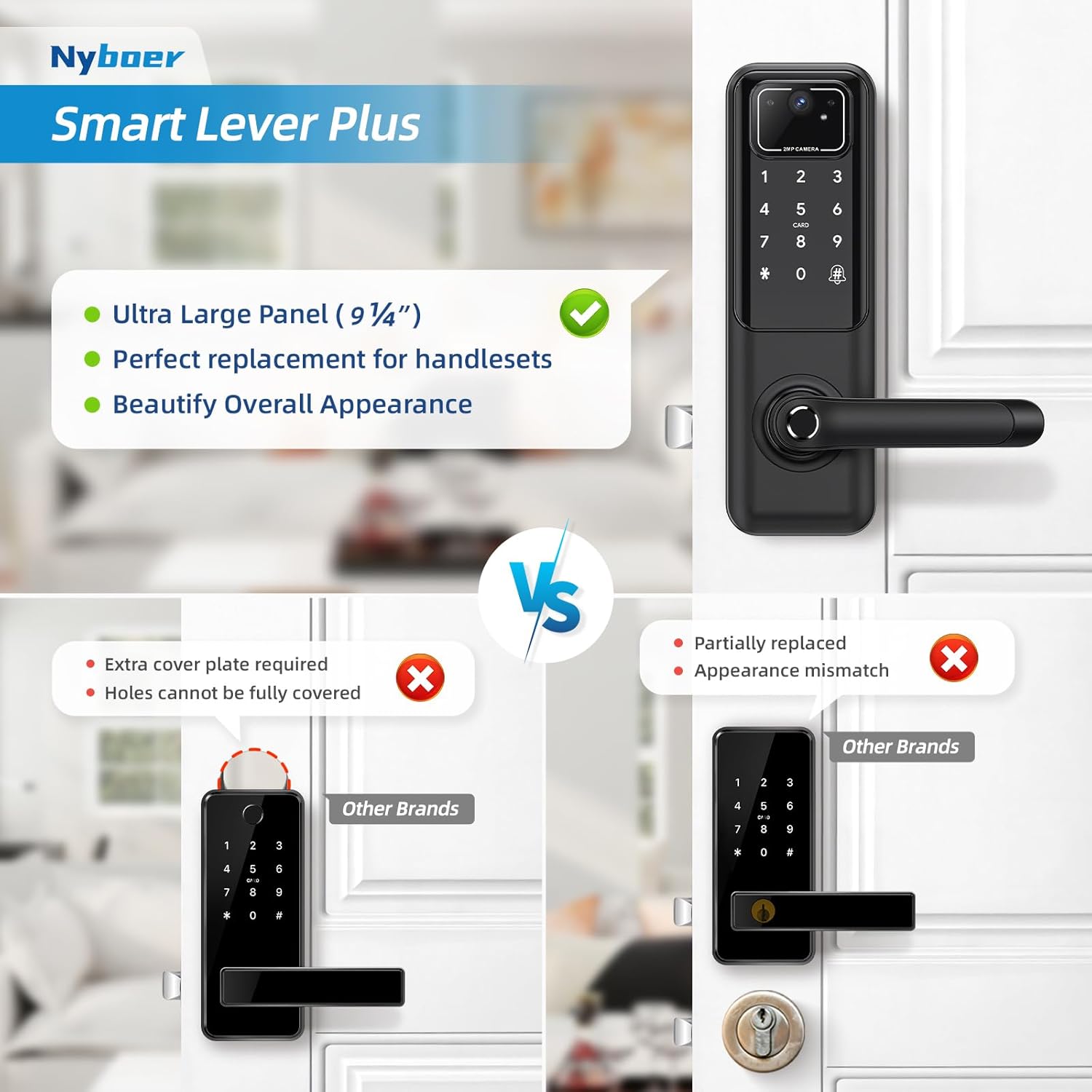 WiFi Video Smart Door Lock with Camera & Doorbell, Keyless Entry Fingerprint Lock with Handle for Front Door, Nyboer Keypad Electronic Digital with Rechargeable Lithium Battery, Easy Installation