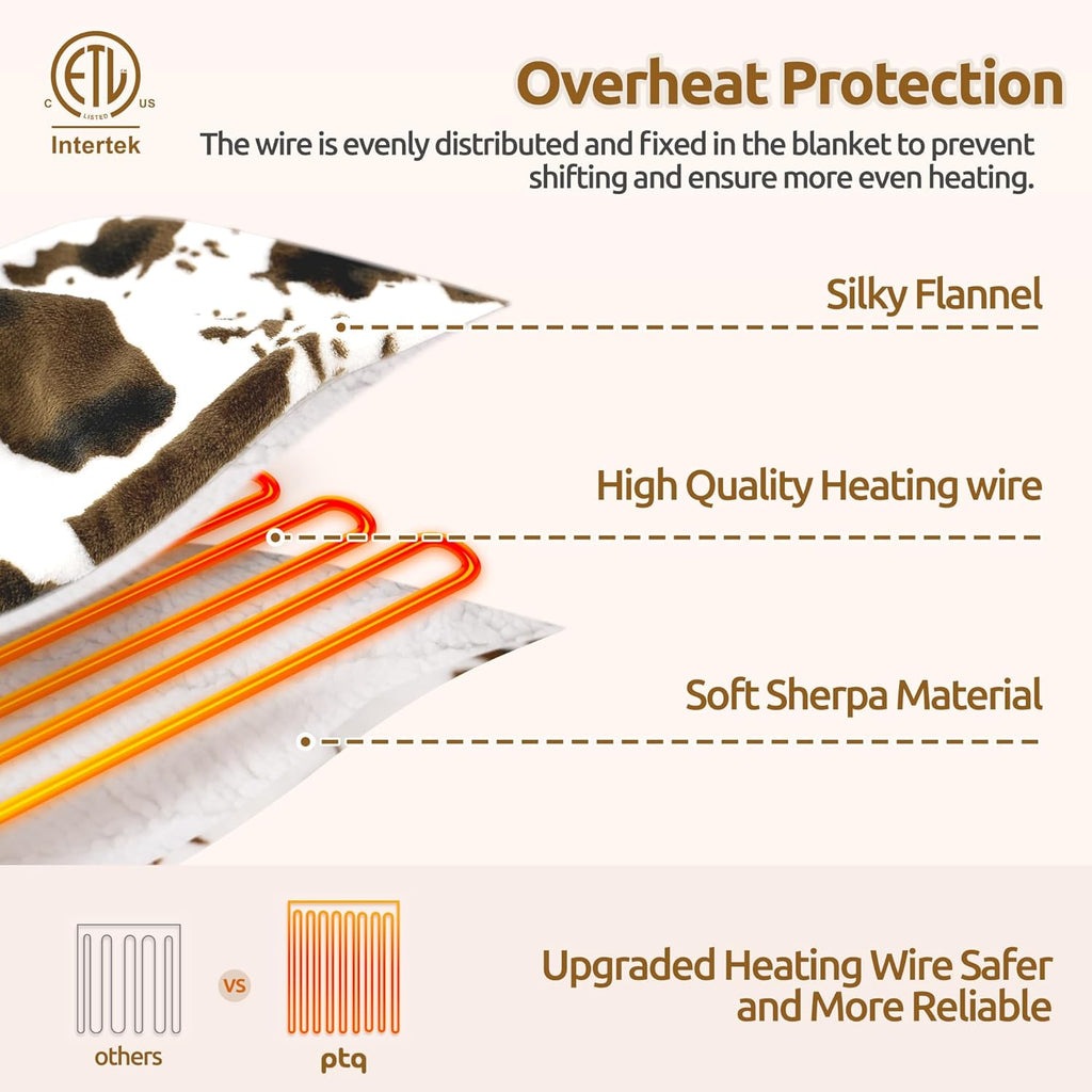 Electric Blanket Twin Size - Reversible Sherpa & Flannel, 62"× 84" Heated Throw Blanket with 6 Heat Settings & 1-12H Timer, Machine Washable, Warm Gift for Women, Brown Cow Print