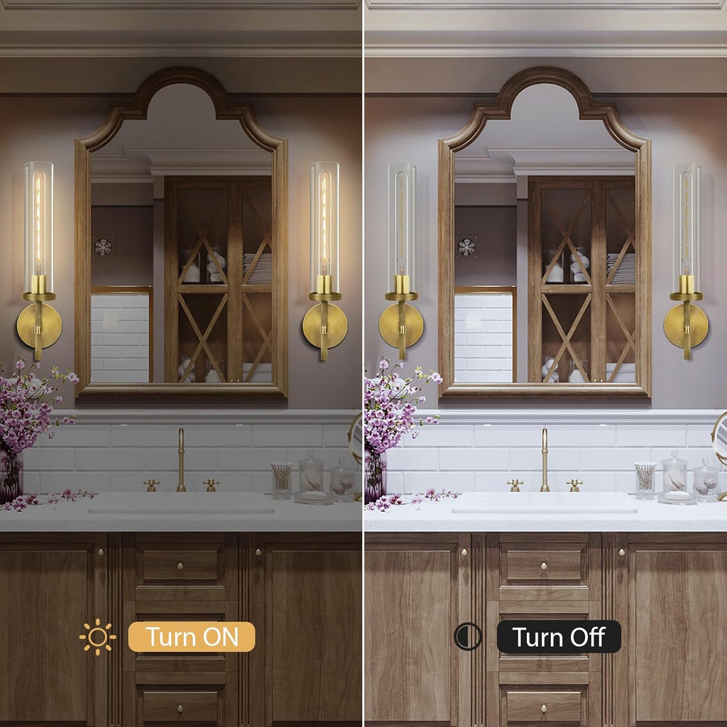 Brass Wall Sconces Set of Two, 19.48" Modern Wall Lighting with Clear Glass Tube, Bathroom Vanity Lights, Bronze Sconces Wall Lights for Bedroom, Living Room, Hallway, Staircase (Including Bulb)