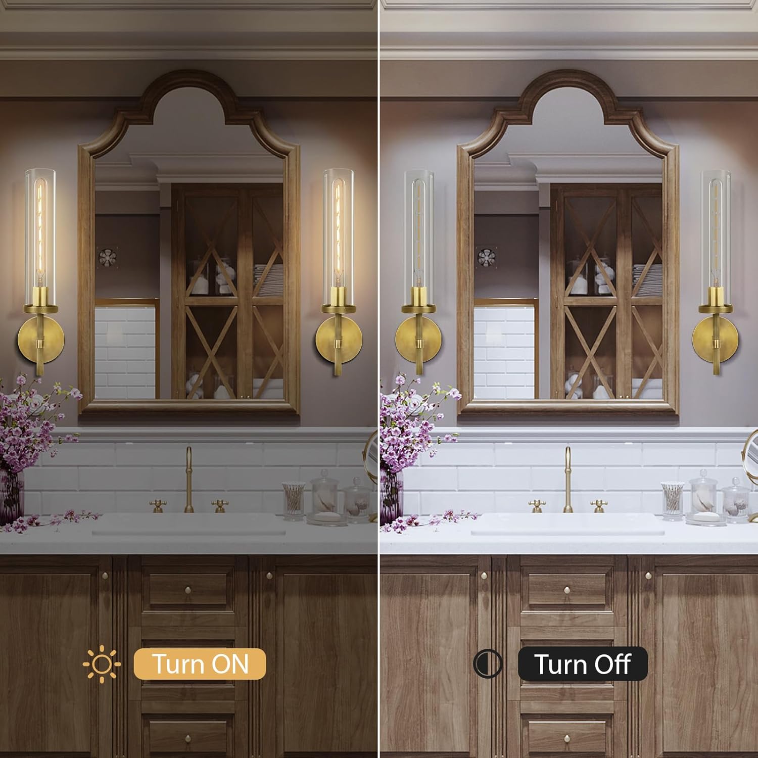 Brass Wall Sconces Set of Two, 19.48" Modern Wall Lighting with Clear Glass Tube, Bathroom Vanity Lights, Bronze Sconces Wall Lights for Bedroom, Living Room, Hallway, Staircase (Including Bulb)