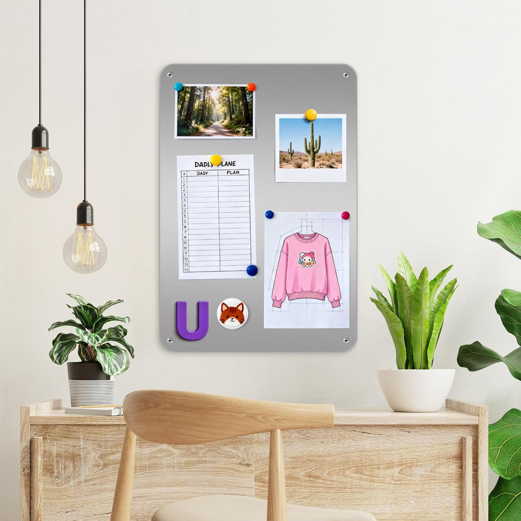 ARVOK 2 Pack Silver Magnetic Board 17.1" x 11.8", Metal Magnet Bulletin Board for Wall, Refrigerator, Cabinet, Display Notes, Photos, Poetry, Includes 8 Screws & 8 Dual Lock Tapes, 4 Support Screws