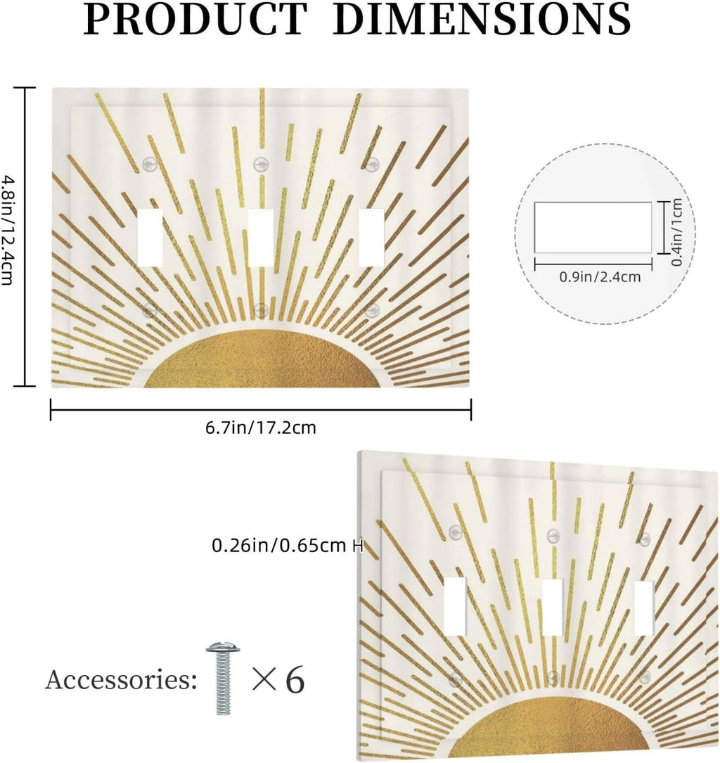 Decorative Light Switch Cover Plate Boho Mid Century Gold Sun Sunbeams 3 Gang Wall Plates for Electrical Outlets Triple Toggle Switch Plate Covers Outlet Covers Faceplate for Home Decor