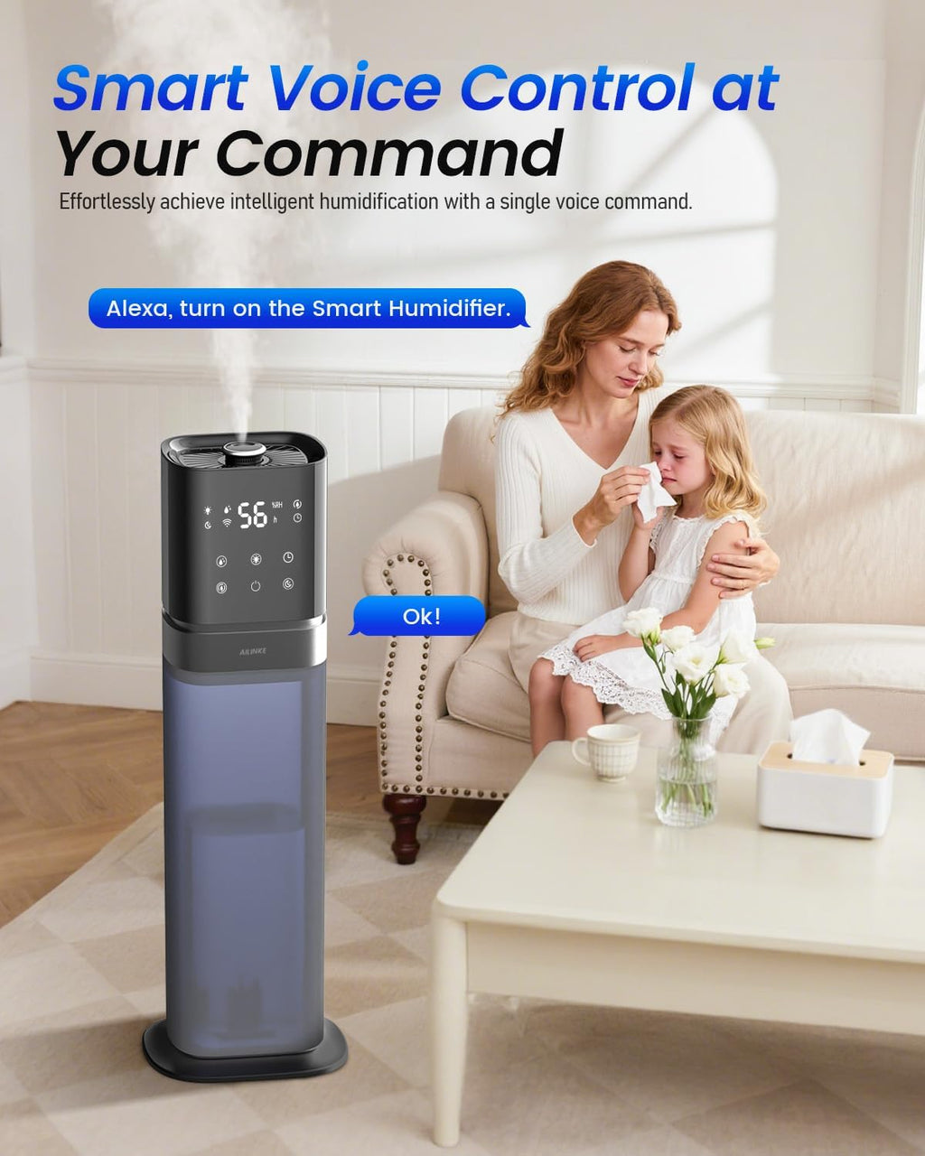 Smart Humidifier Large Room, 2.1Gal/8L Humidifiers for Bedroom with Extended Tube&Night Light, Whole House Cool Mist Humidifiers, WIFI App&Voice Control, School/Office/Warehouse, Dark Blue