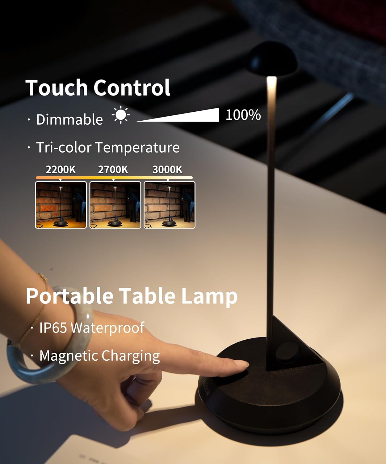 Cordless Table Lamp - LUME, Geometric Aesthetics, Magnetic Charging, Dimmable & Adjustable Lighting, IP65 - Portable Rechargeable LED Lamp for HoReCa, Bedroom, Living Room, Outdoor Use (Black)