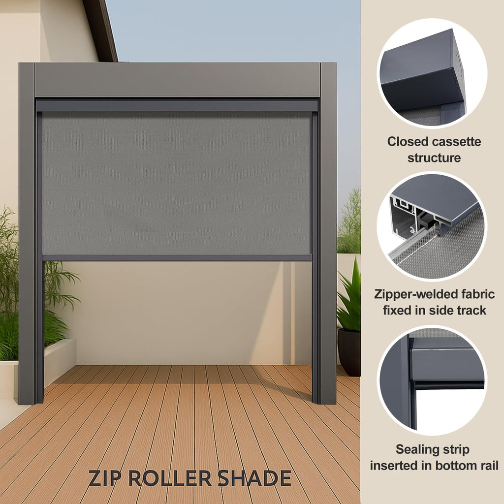 ZSHINE Hard-Wired Outdoor Snow Blocking Weatherproof Motorized Patio Roller Shades Remote Control for Porch Balcony Customized Size (Light Grey 1% Openness)