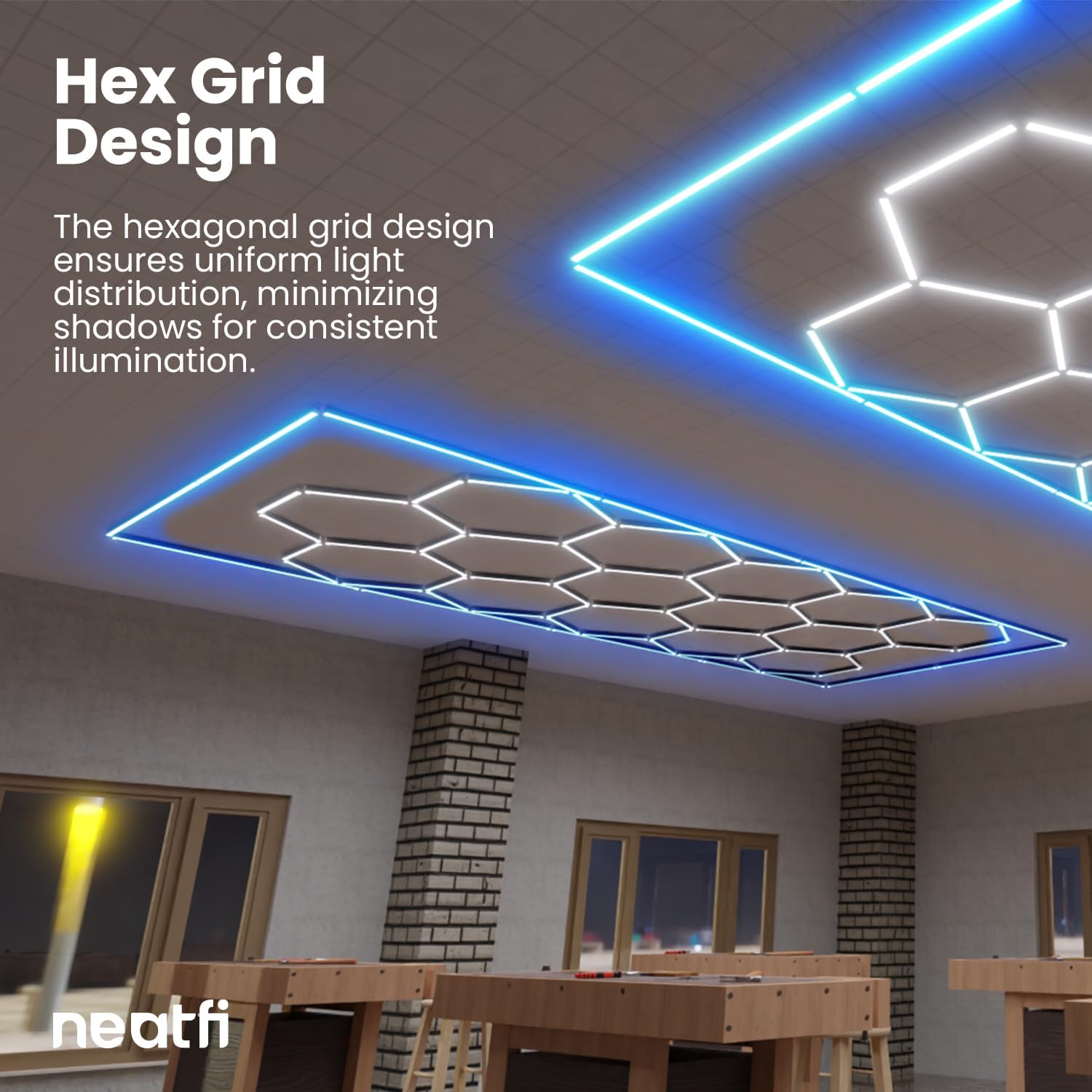 Neatfi LED Hexagon Garage Light 60,720 Lumens, 552W, Honeycomb Ceiling Light for Car Detailing, Auto Shops, Workshop, Warehouse, and Gym (15 Hex Grids, Blue)