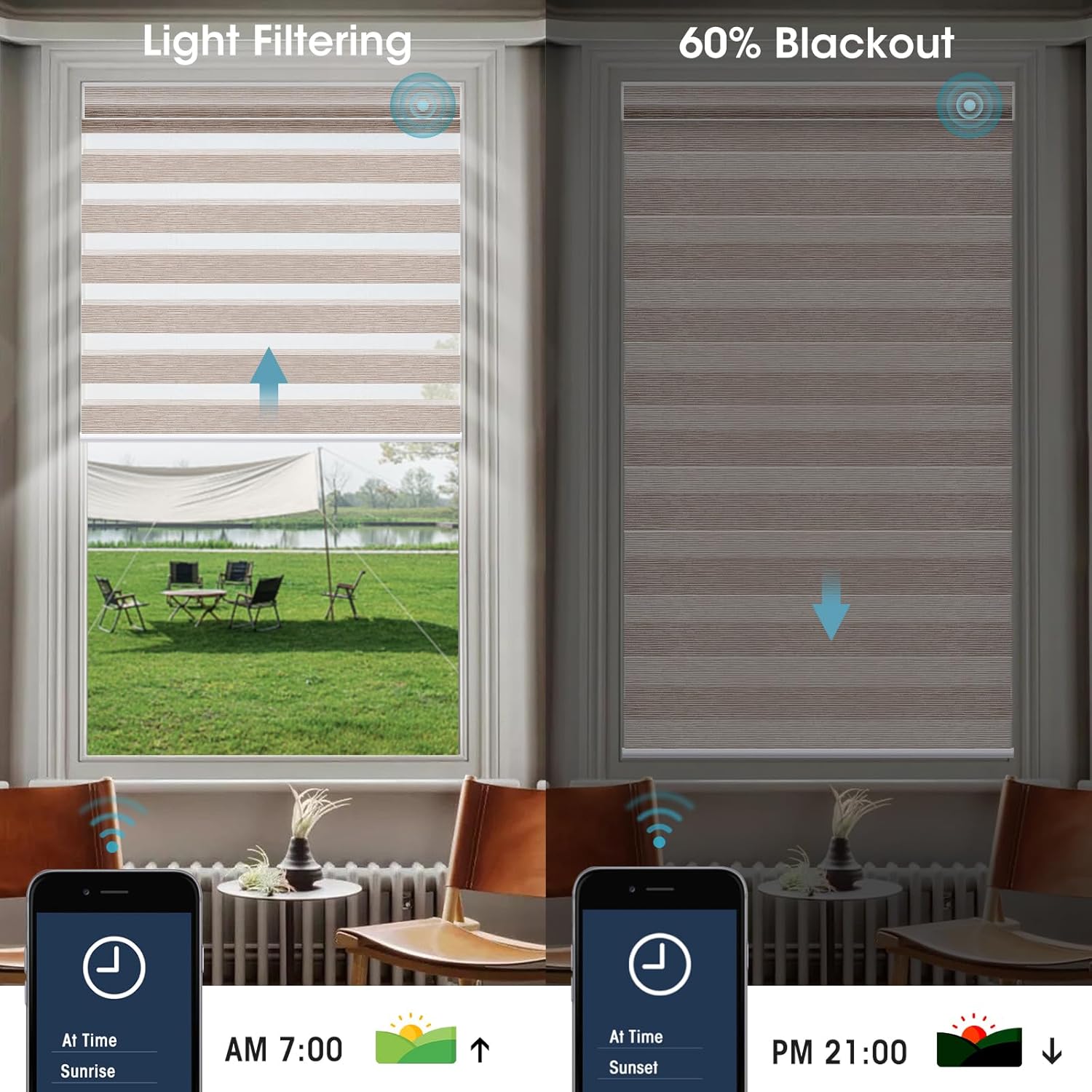 SmartWings Motorized Zebra Shades - Compatible with HomeKit, Alexa, SmartThings, Google - Remote Control Light Filtering Sheer Shades, 50% Blackout, for Smart Home/Office, Gold, Customized