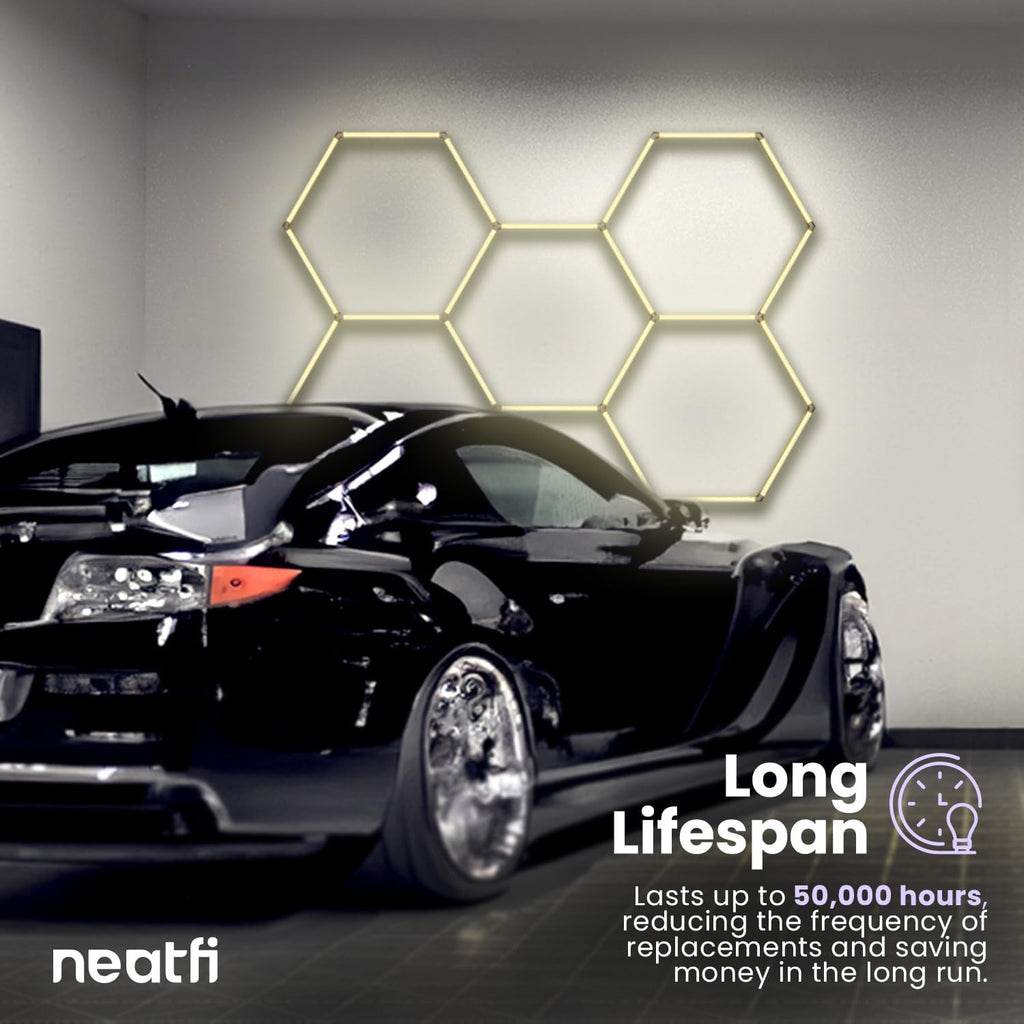 Neatfi LED Hexagon Garage Lights with 14,763 Lumens, 3 Light Modes (6900K/4300K/3000K), 133W Hexagon LED Lights for Car Detailing, Barber Shops, Basements, Beauty Salons & Gyms (5 Hex Grids, CCT)