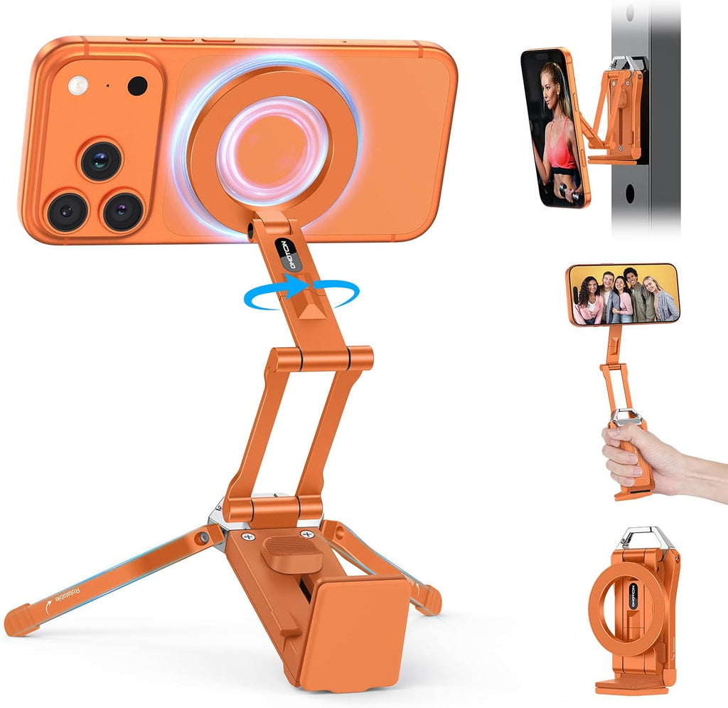 OMOTON 360°Rotating for MagSafe Tripod Mount, Adjustable Aluminum Magnetic Phone Tripod for iPhone 17/16/15/14 Pro Max Air, Foldable Cell Phone Stand Fits Vlog, Gym, Travel Essentials, Orange