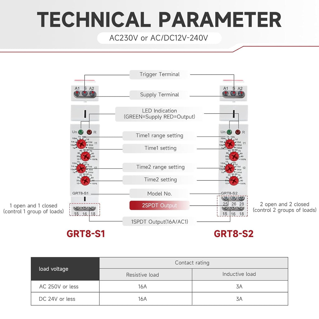 Asymmetric Cycle Timer Relay 2SPDT AC 230V 16A Long or Short Period Repeat Cycle Tntermittent Timer Electronic Relay in Din Rail (GRT8-S2 AC 230V)