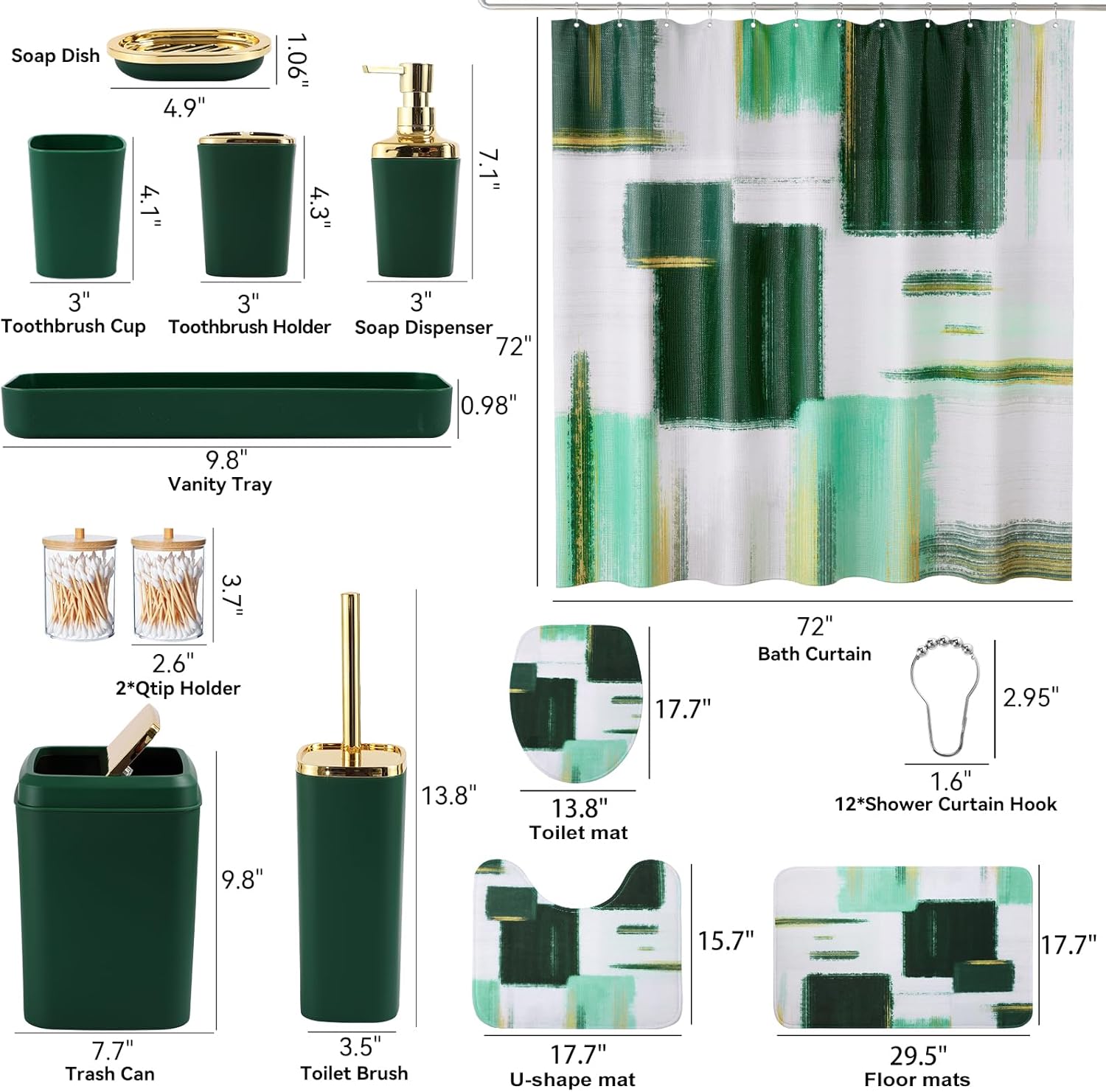 Bathroom Set - Dark Green and Gold Bathroom Accessories Set, Bathroom Sets with Shower Curtain and Rugs, Green Shower Curtain Set with Bathroom Trash Can, Soap Dispenser, Soap Dish for Home
