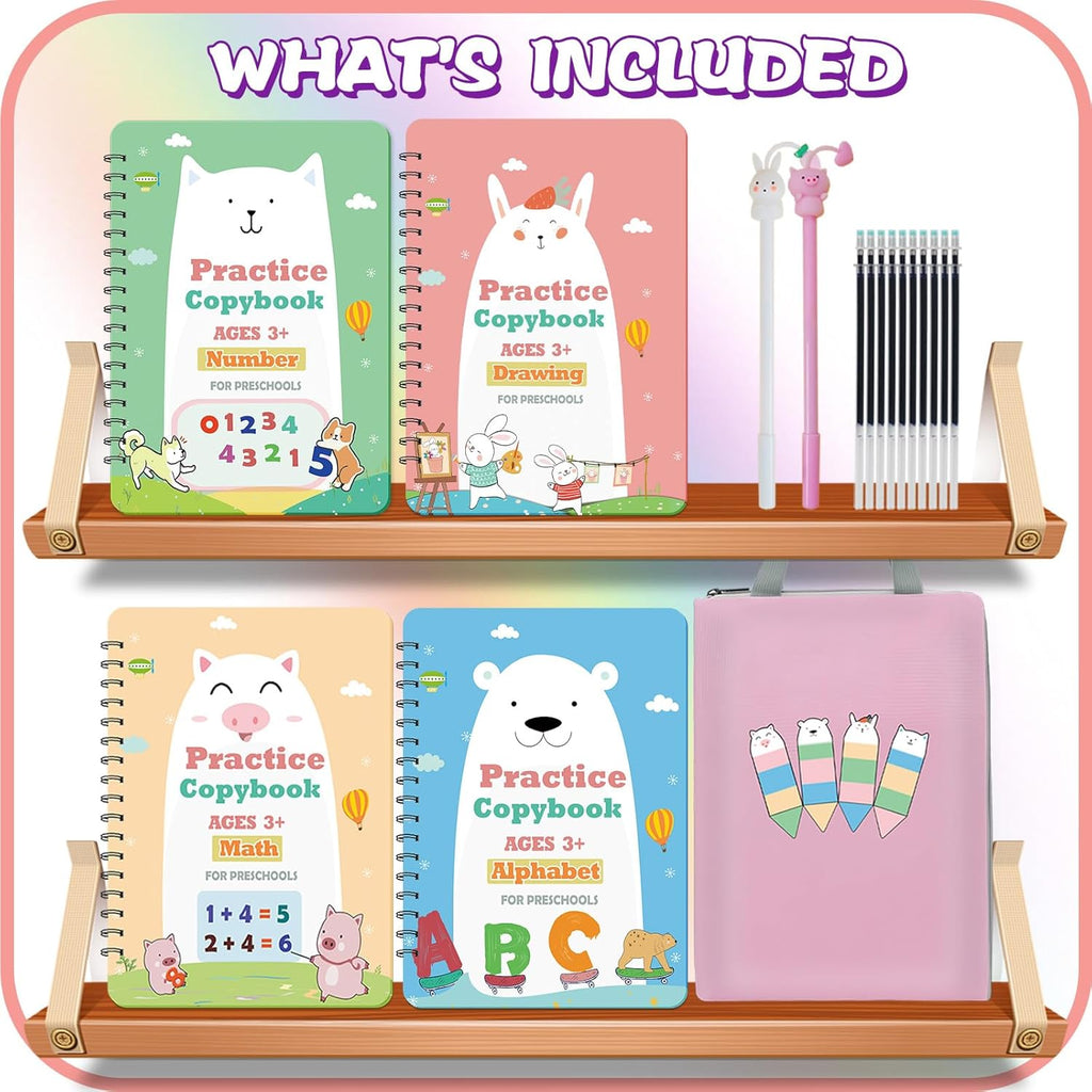 Upgraded Large Size Magic Practice Copybook for Kids, Reusable Writing Practice Book, Preschool Copybook (4 Books with Pens) - Pink Bag