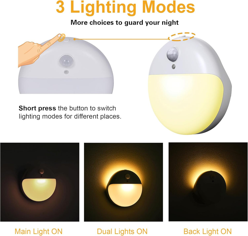 2 Pack Motion Sensor Night Light, Gold Yellow, 3 Lighting Modes, Stepless Dimming, Battery-Powered, Dimmable LED, Suitable for Bedroom, Bathroom, Stairs, Corridors, Closets