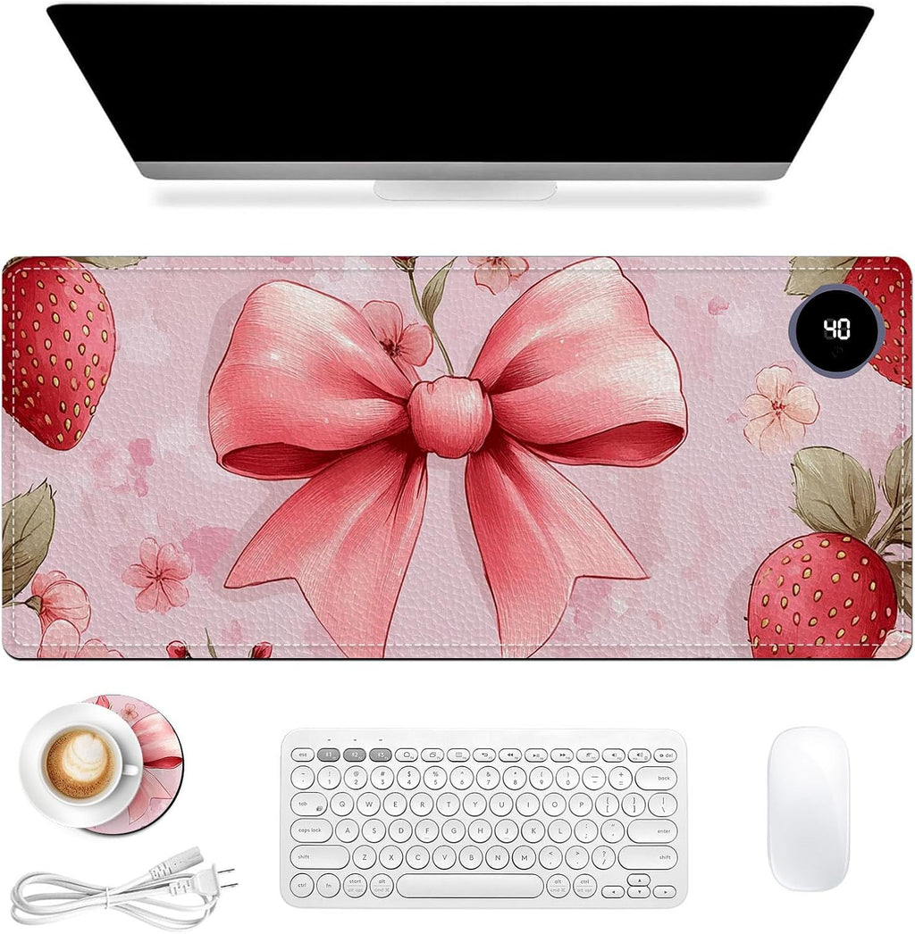 Heated Mouse Pad 31.5x13 in 3-Temp Fast Heating Desk Mat with Auto Timer Warmer for Hands Wrist Pain Relief Waterproof Keyboard Mat for Office, Gaming, Home, Pink Bow Floral