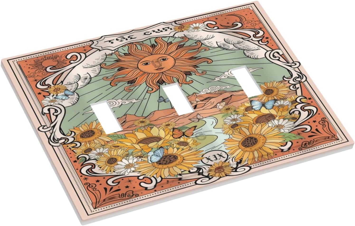 Boho Retro Sun Sunflower Vintage Flower Butterfly Decorative Switch Plates 3 Gang Wall Plate Triple Toggle Light Switch Cover Faceplate Electrical Wall Panels for Farmhouse Home Decor
