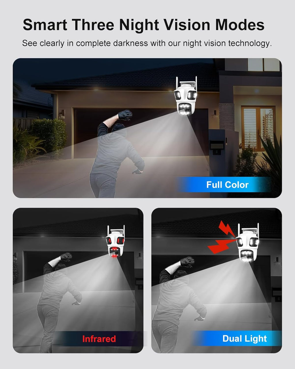 Three Lens WiFi Outdoor Security Camera, 9MP Wireless Home Security Cam, 360° Pan/Tilt, Human Detection, AI Auto Tracking, No Blind Spot, Color Night Vision, Two-Way Audio, Spotlight, IP66