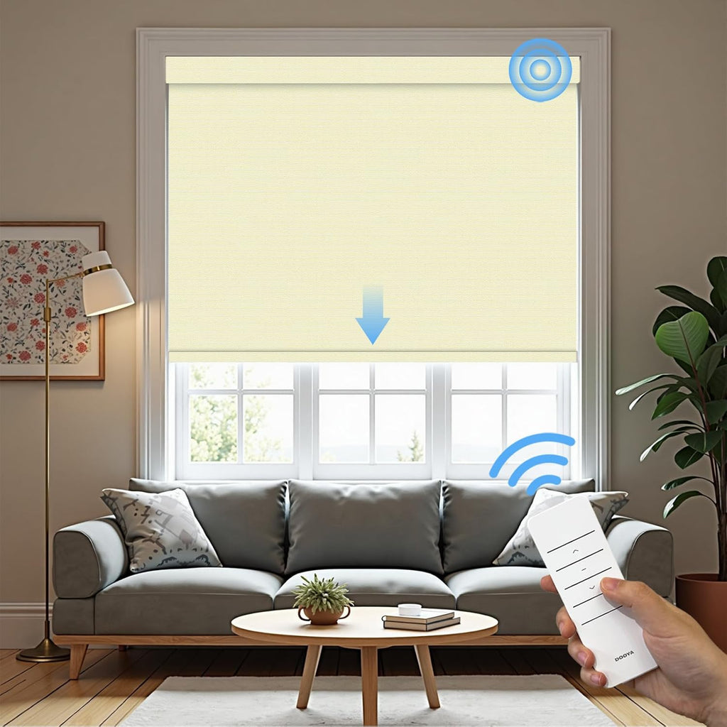 Motorized Roller Blinds with Remote, 100% Blackout Automatic Roller Shades for Bedroom, Bathroom, and Living Room, Customized Size, Creamy White