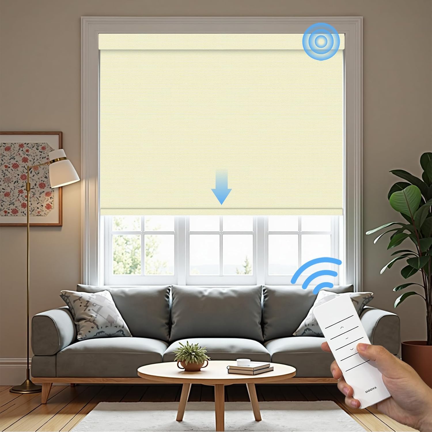 Motorized Roller Blinds with Remote, 100% Blackout Automatic Roller Shades for Bedroom, Bathroom, and Living Room, Customized Size, Creamy White