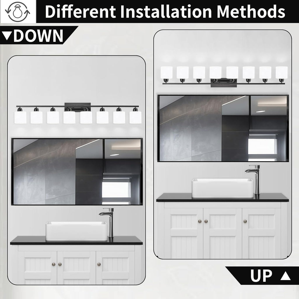 8 Light Black Bathroom Light Fixtures Over Mirror for Big Mirror, Modern Bathroom Lighting with Milky White Frosted Glass Shades,51 inch Lights for Vanity for Mirrors, E26