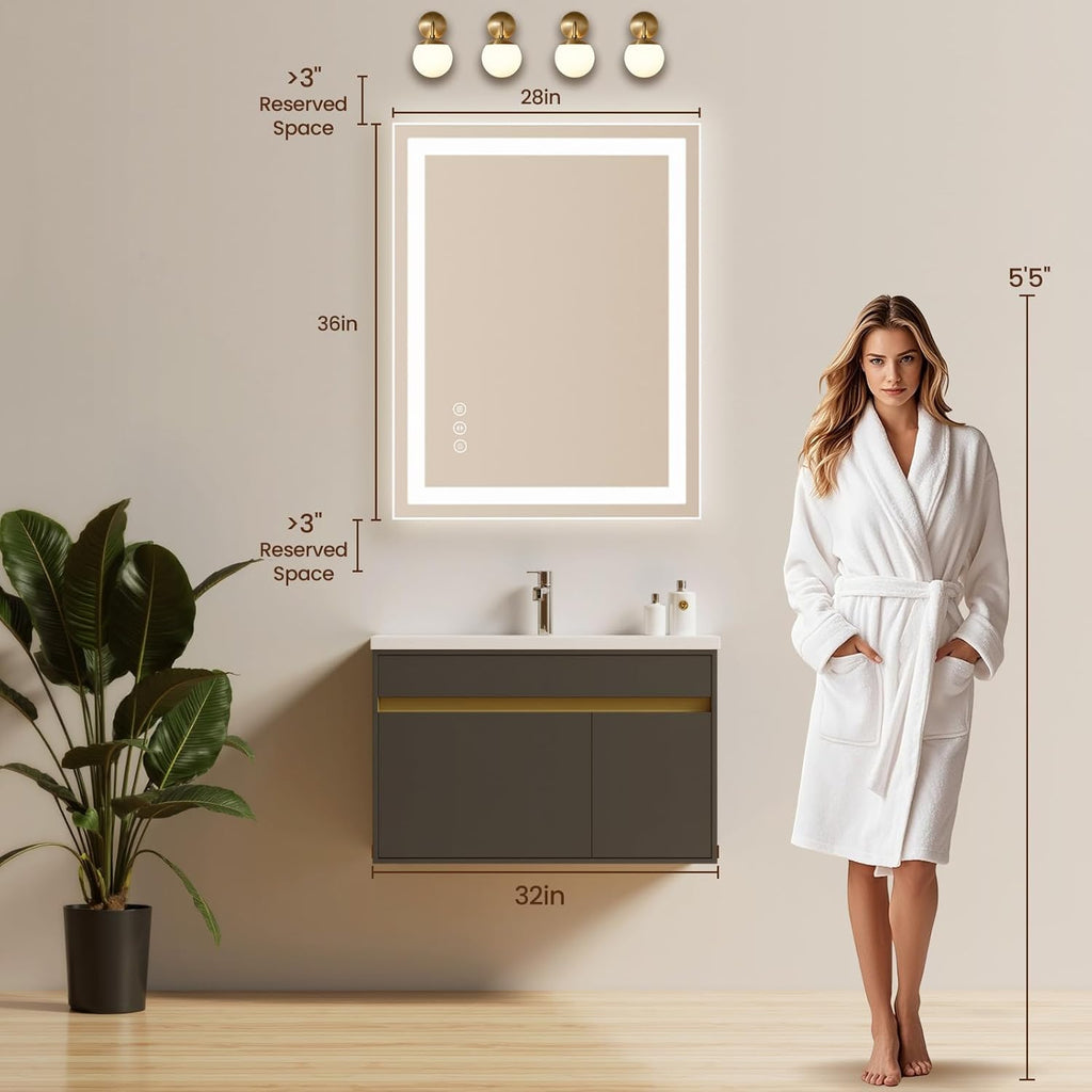 28X36 LED Bathroom Mirror with Lights, Anti-Fog, Backlit + Front Lit, Lighted Bathroom Vanity Mirror for Wall, Memory Function, Dimmable, Tempered Glass, Shatter-Proof