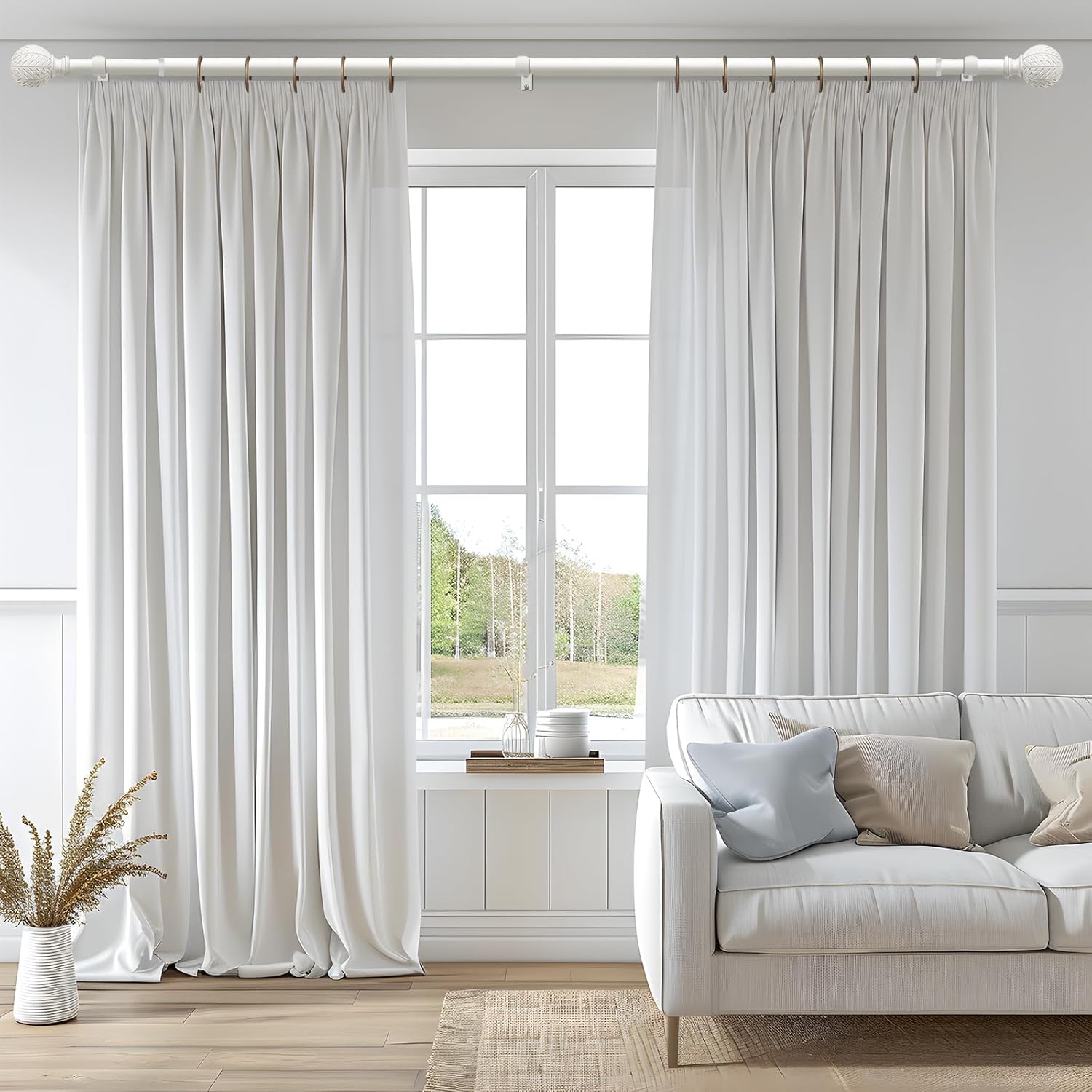Antique White Ball Curtain Rods for Windows 66 to 120 Inch,1 Inch Heavy Duty Adjustable Curtain Rod,Boho Decorative Drapery Rods Set with Brackets,Size:36''-120''