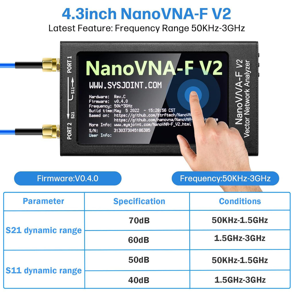 AURSINC Upgraded NanoVNA-F V2 Vector Network Analyzer 50kHz-3GHz with RF Demo Tester Board, 4.3inch with 5000mAh, Measuring S-Parameters VoltagSWR, Phase, Delay, Smith Chart, RTC Realtime