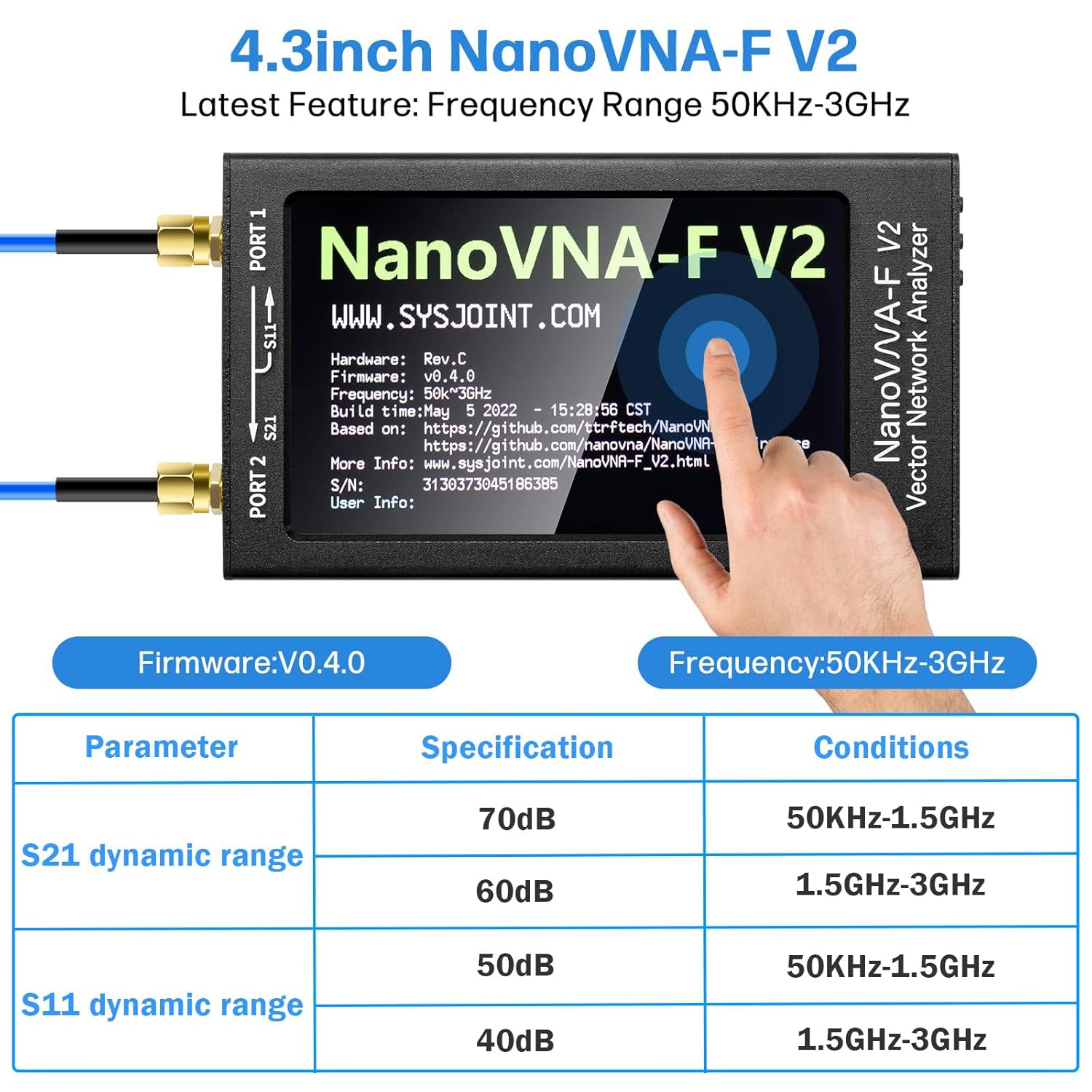 AURSINC Upgraded NanoVNA-F V2 Vector Network Analyzer 50kHz-3GHz with RF Demo Tester Board, 4.3inch with 5000mAh, Measuring S-Parameters VoltagSWR, Phase, Delay, Smith Chart, RTC Realtime